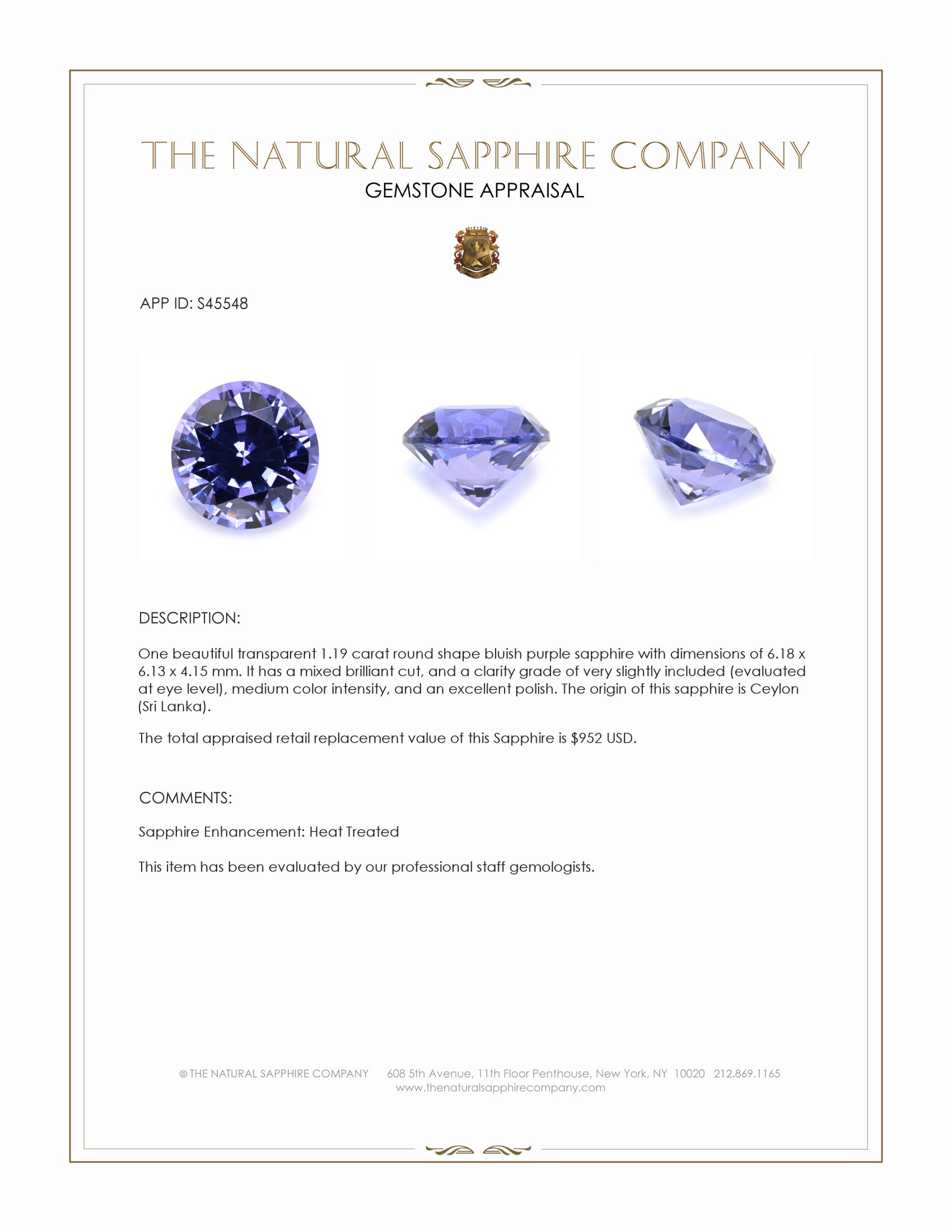 1.19 Ct. Bluish Purple Sapphire from Ceylon (Sri Lanka)