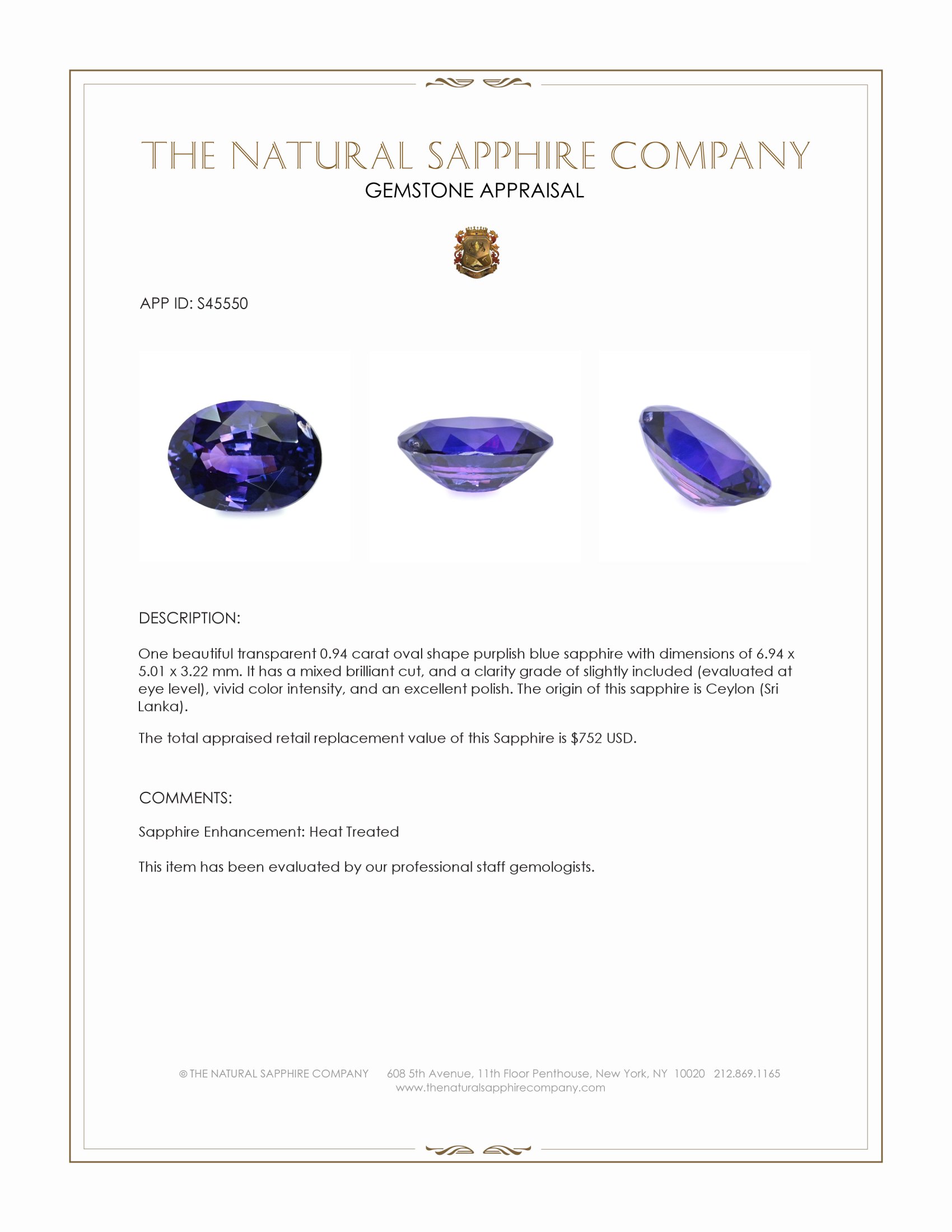 0.94 Ct. Purplish Blue Sapphire from Ceylon (Sri Lanka)
