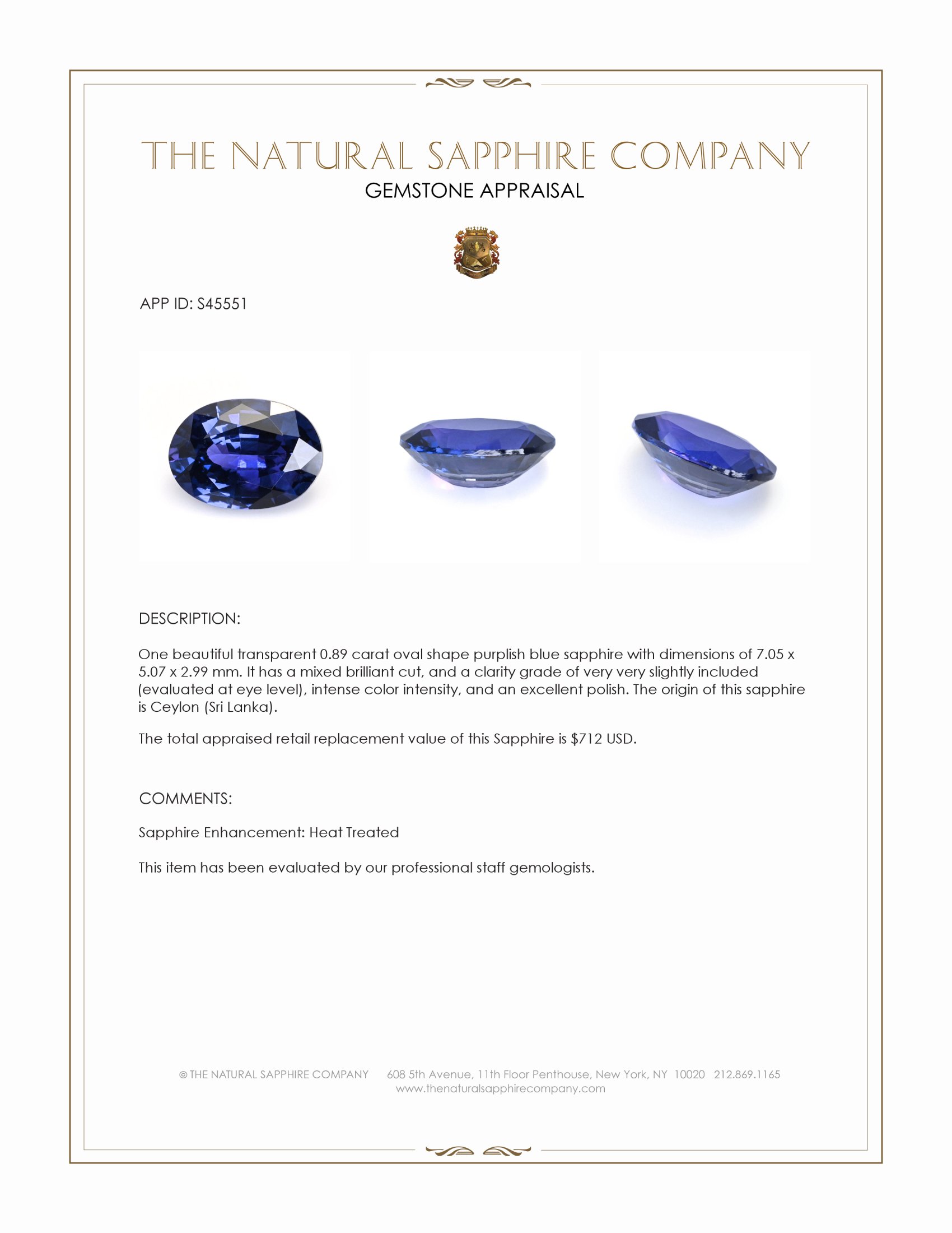 0.89 Ct. Purplish Blue Sapphire from Ceylon (Sri Lanka)