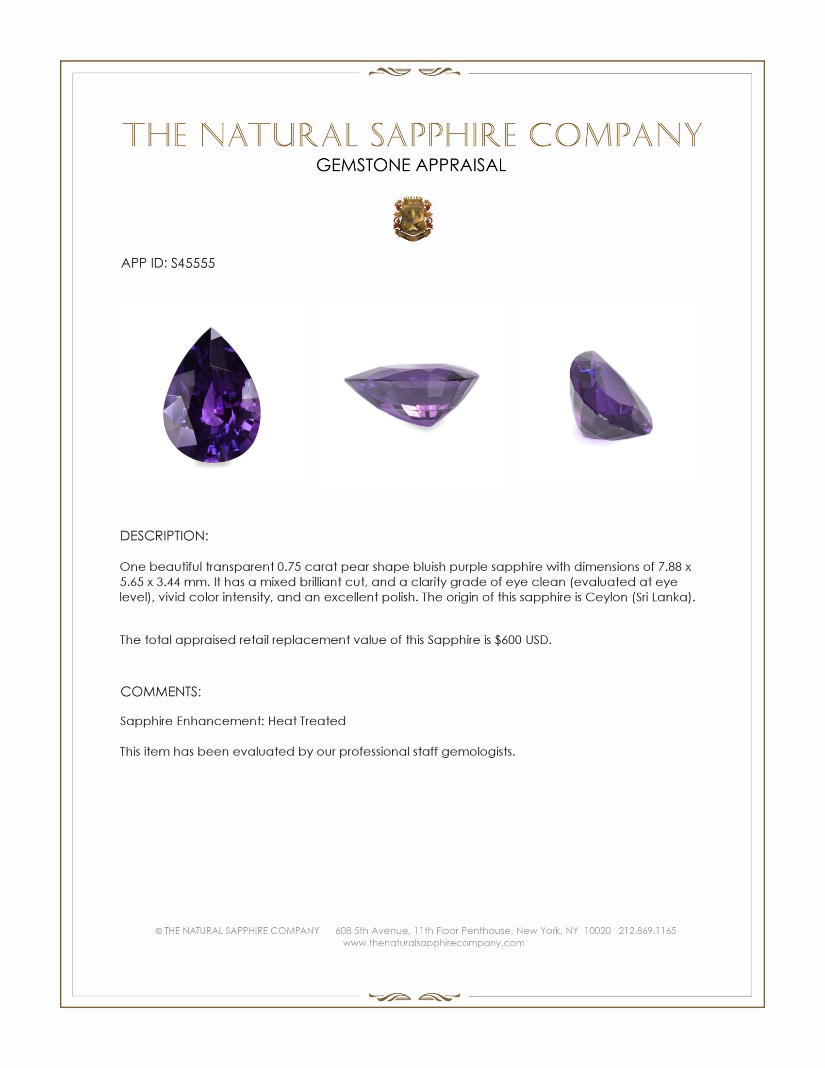 0.75 Ct. Bluish Purple Sapphire from Ceylon (Sri Lanka)