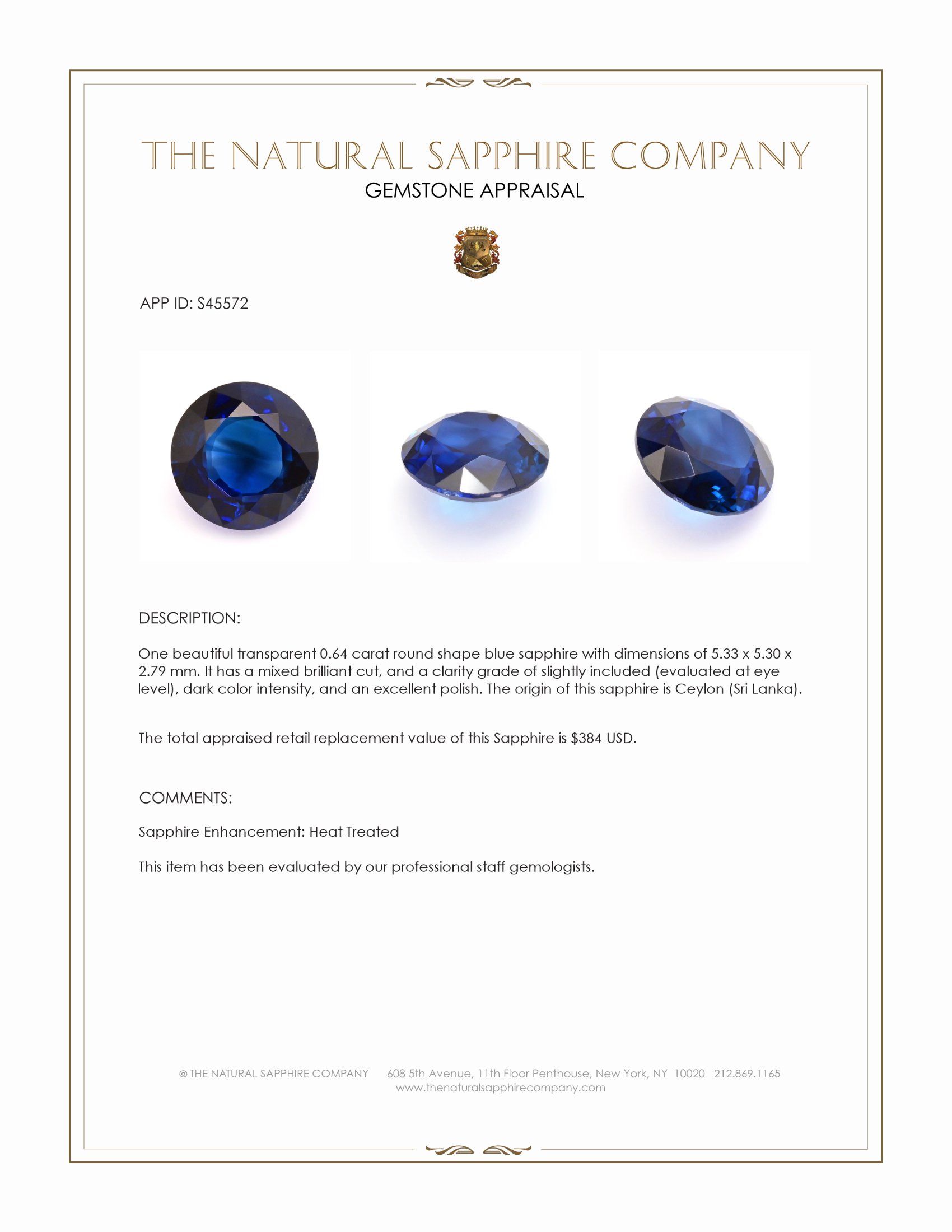 0.64 Ct. Blue Sapphire from Ceylon (Sri Lanka)