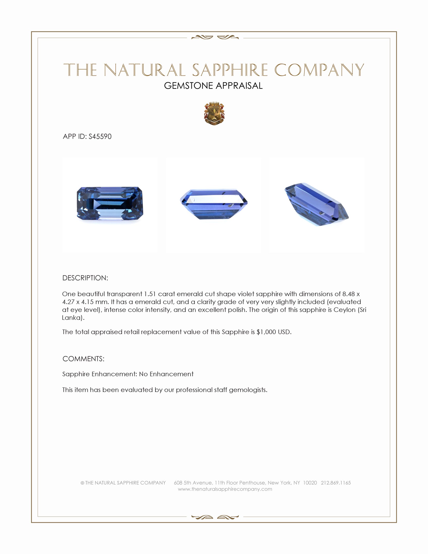 1.51 Ct. Violet Sapphire from Ceylon (Sri Lanka)