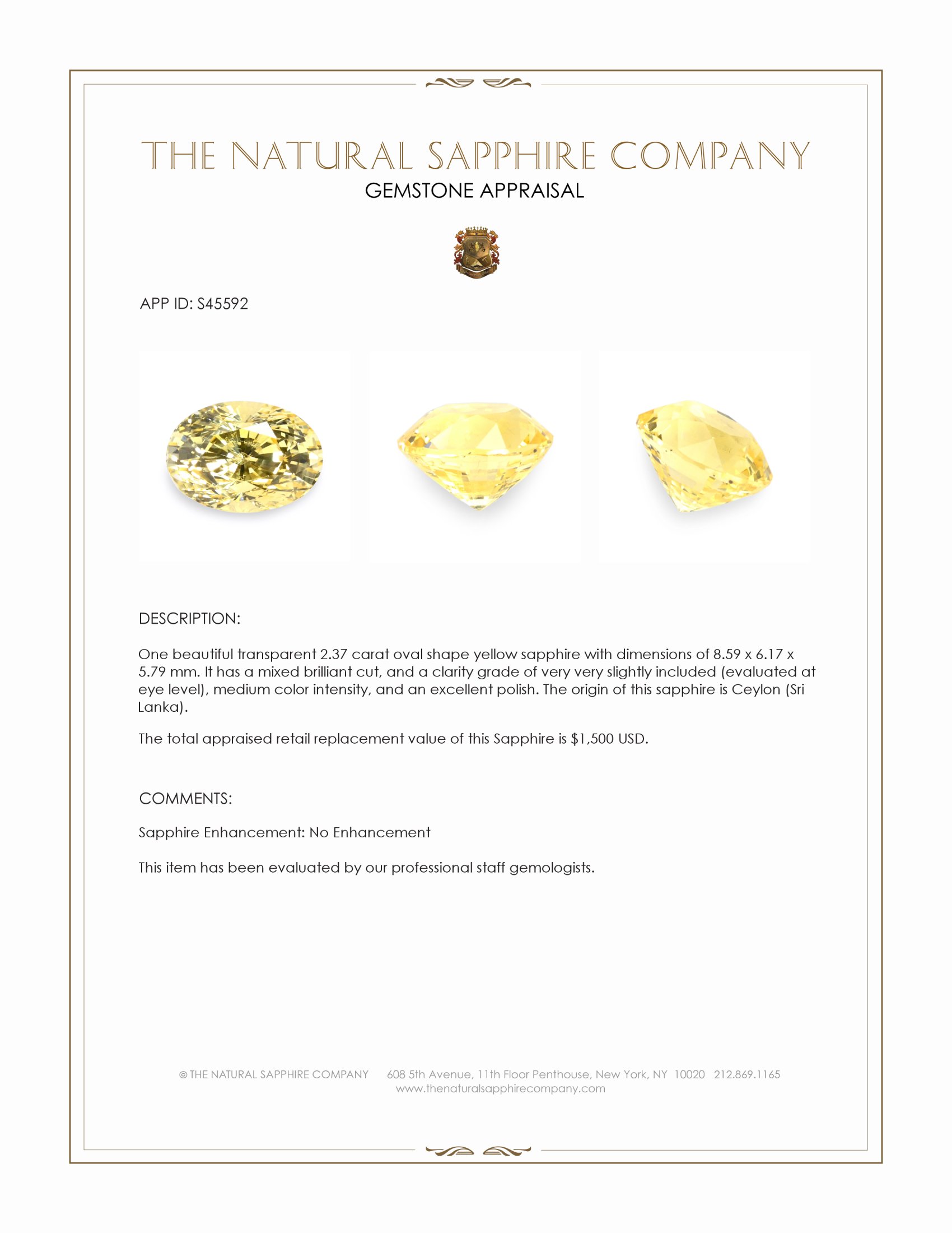 2.37 Ct. Yellow Sapphire from Ceylon (Sri Lanka)