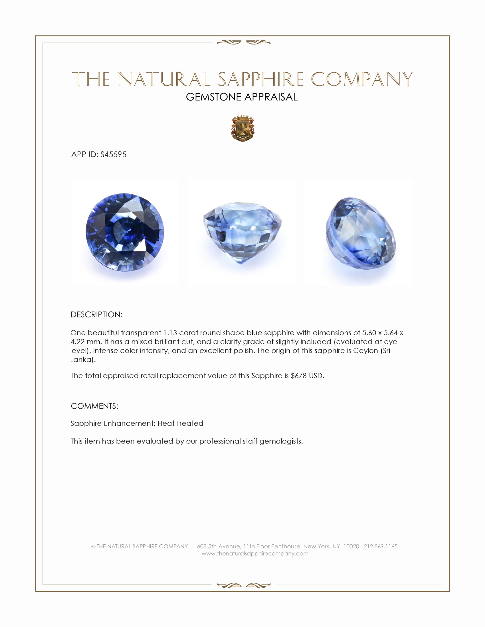 1.13 Ct. Blue Sapphire from Ceylon (Sri Lanka)