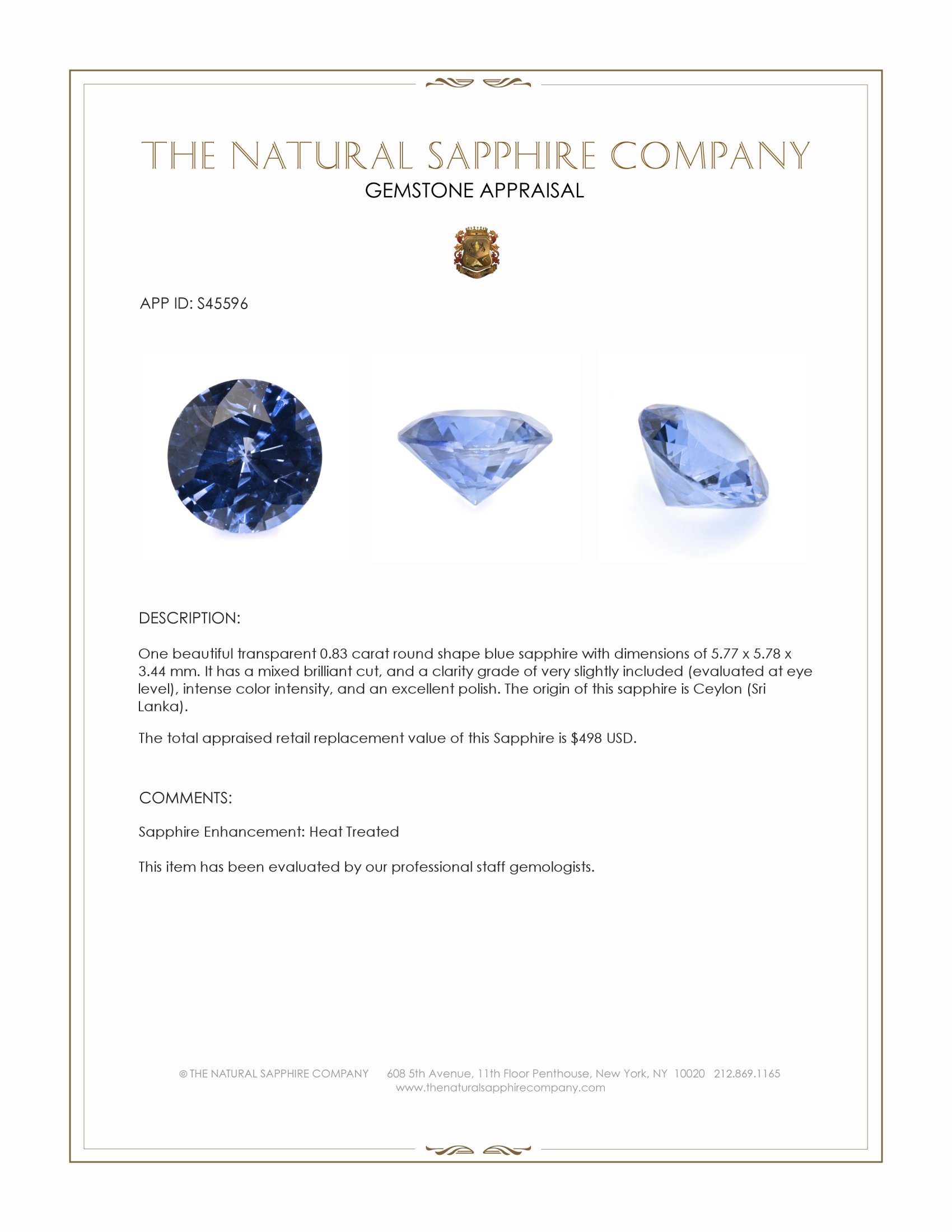 0.83 Ct. Blue Sapphire from Ceylon (Sri Lanka)