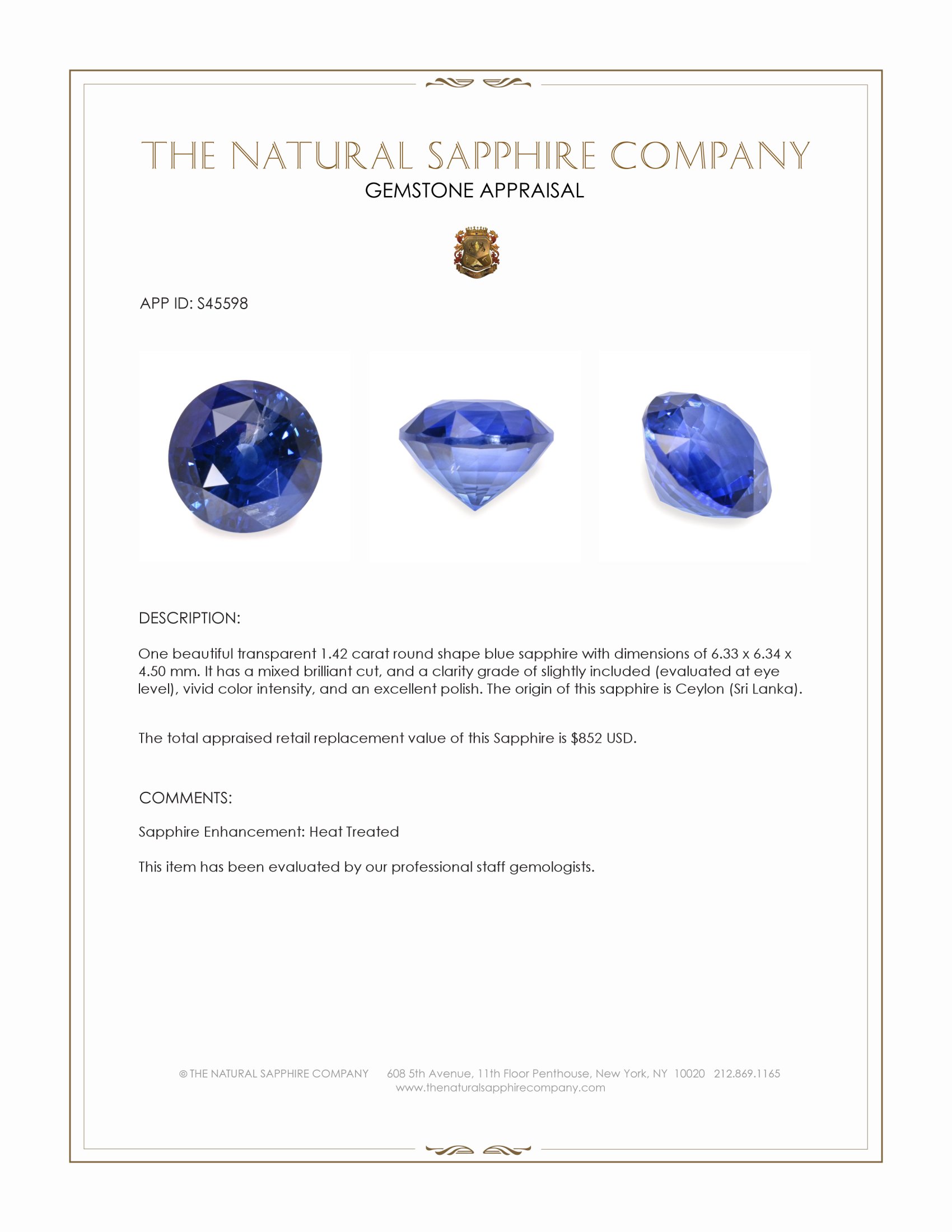 1.42 Ct. Blue Sapphire from Ceylon (Sri Lanka)