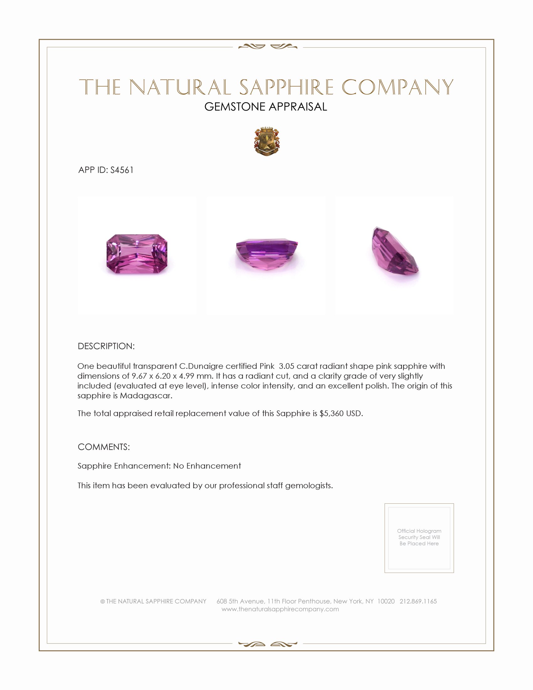 3.05 Ct. Pink Sapphire from Madagascar