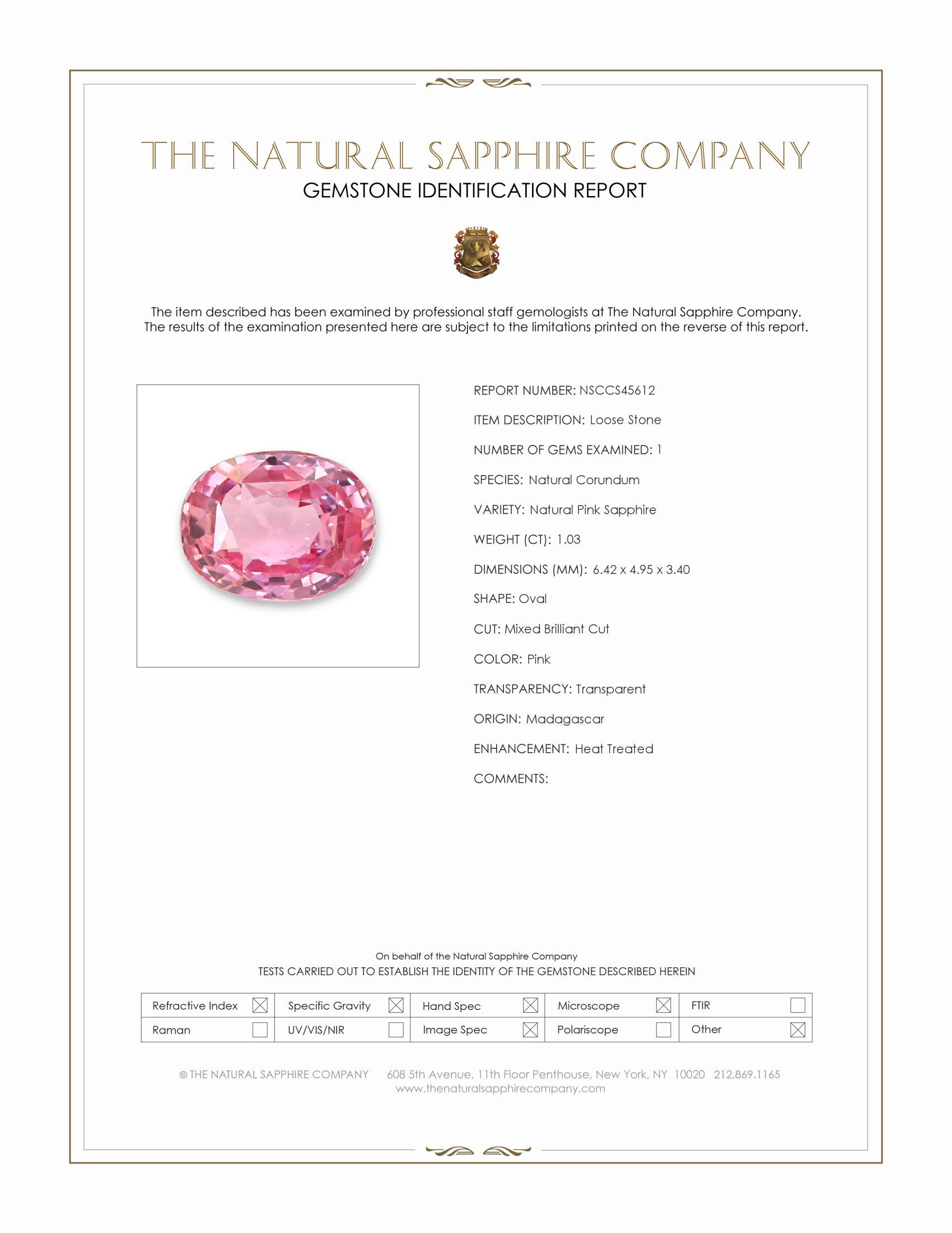 1.03 Ct. Pink Sapphire from Madagascar