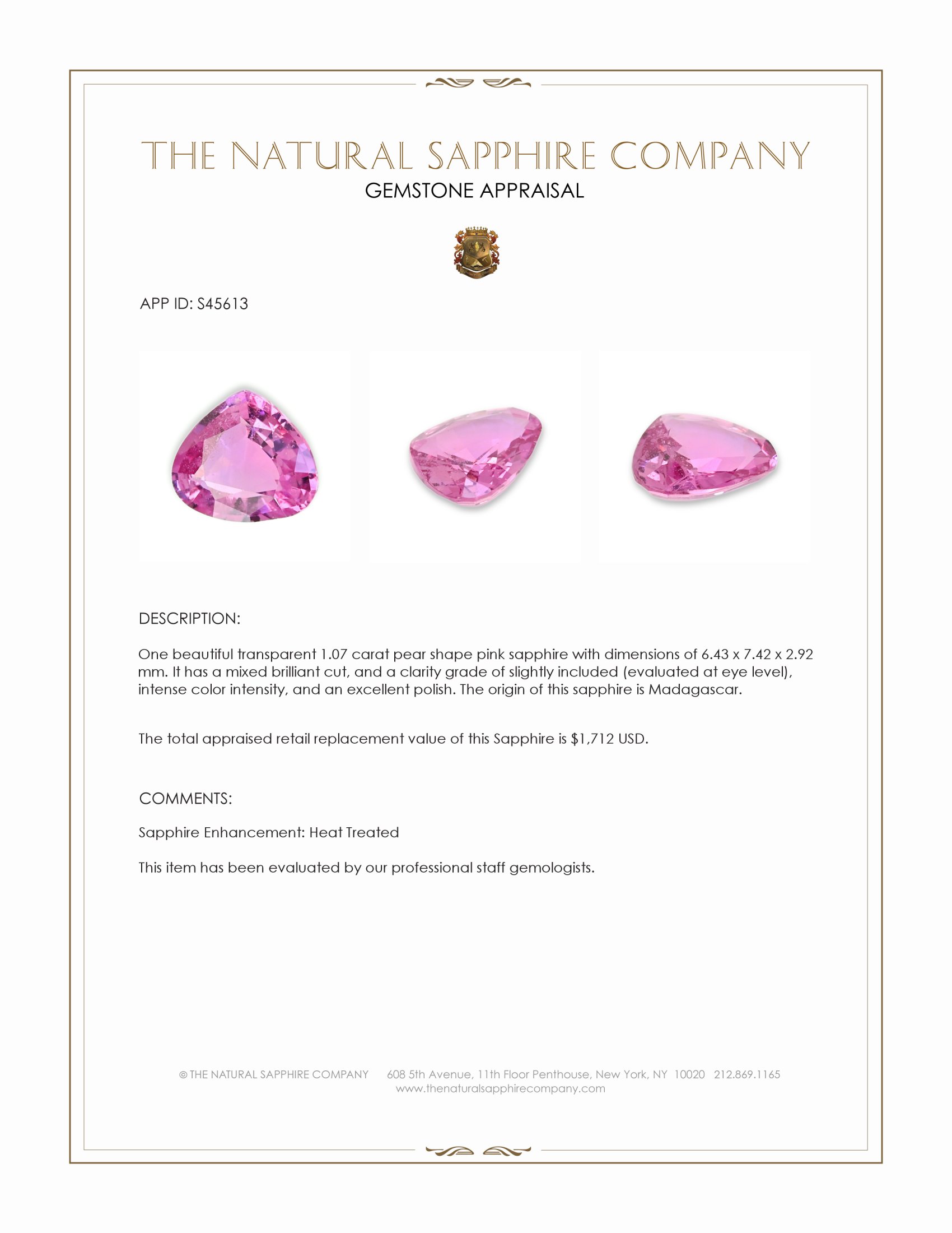 1.07 Ct. Pink Sapphire from Madagascar