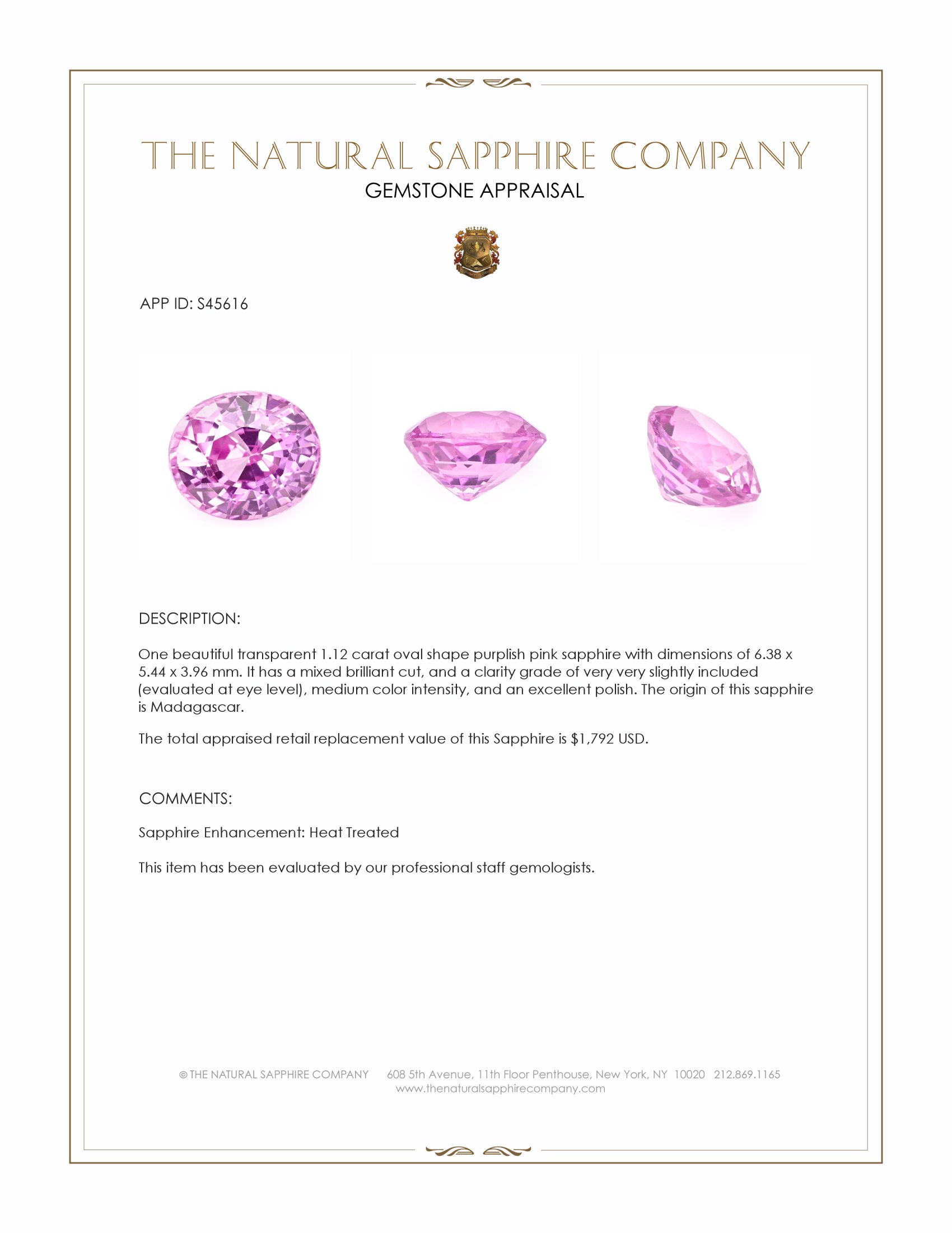1.12 Ct. Purplish Pink Sapphire from Madagascar