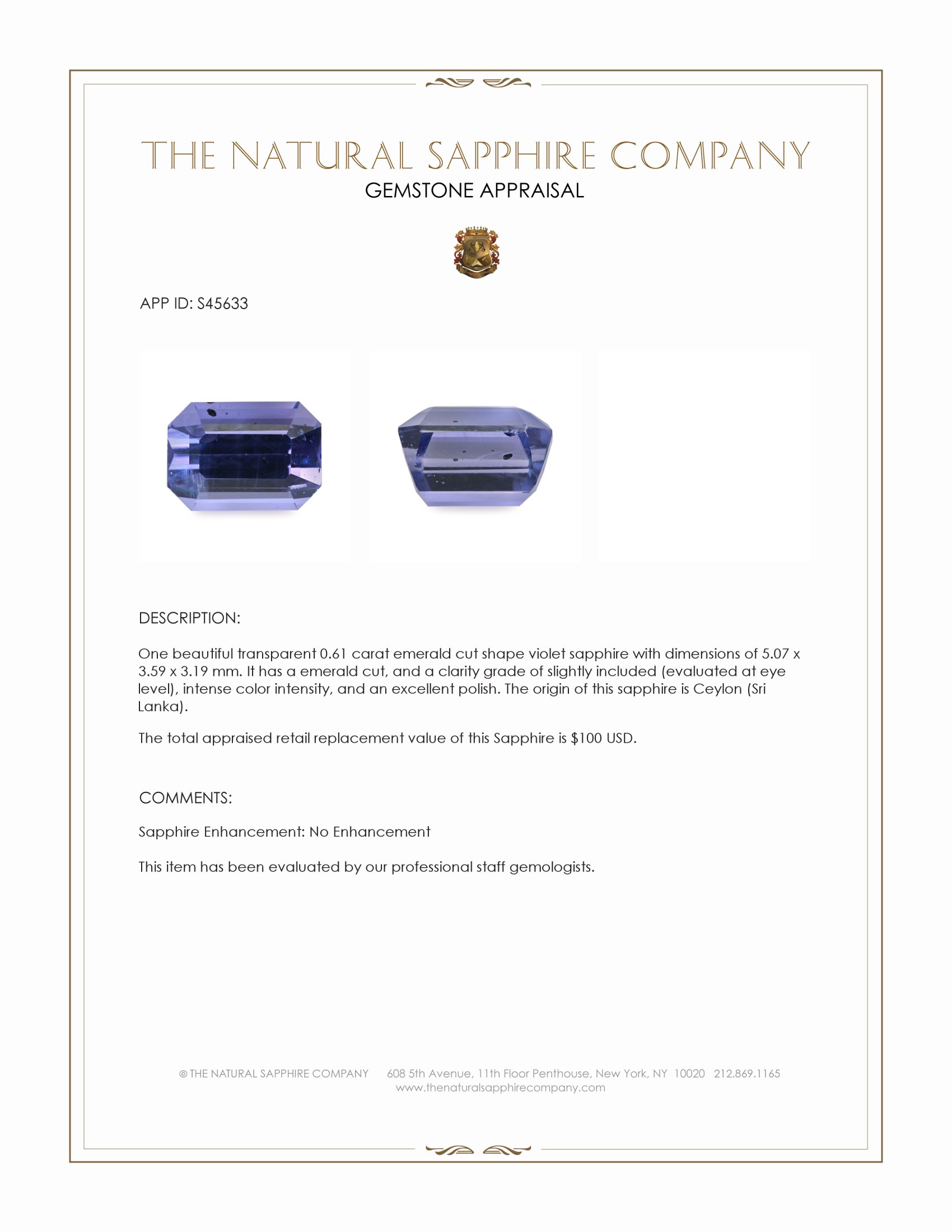 0.61 Ct. Violet Sapphire from Ceylon (Sri Lanka)