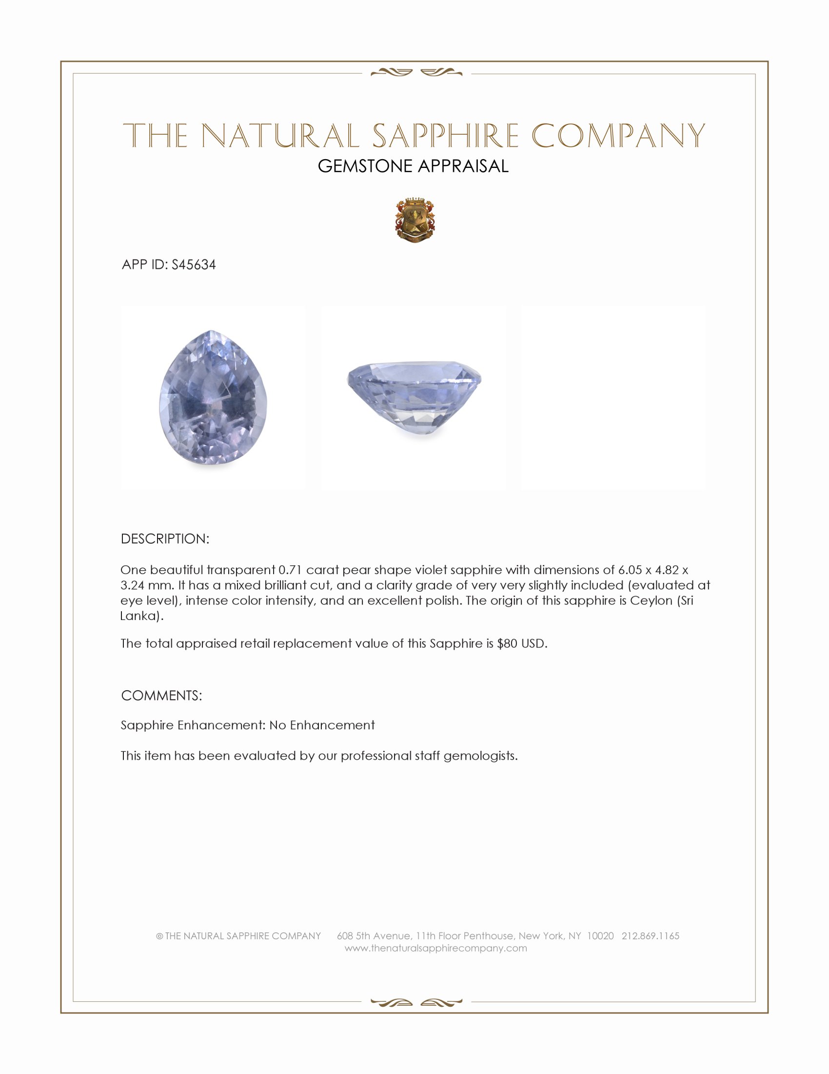 0.71 Ct. Violet Sapphire from Ceylon (Sri Lanka)