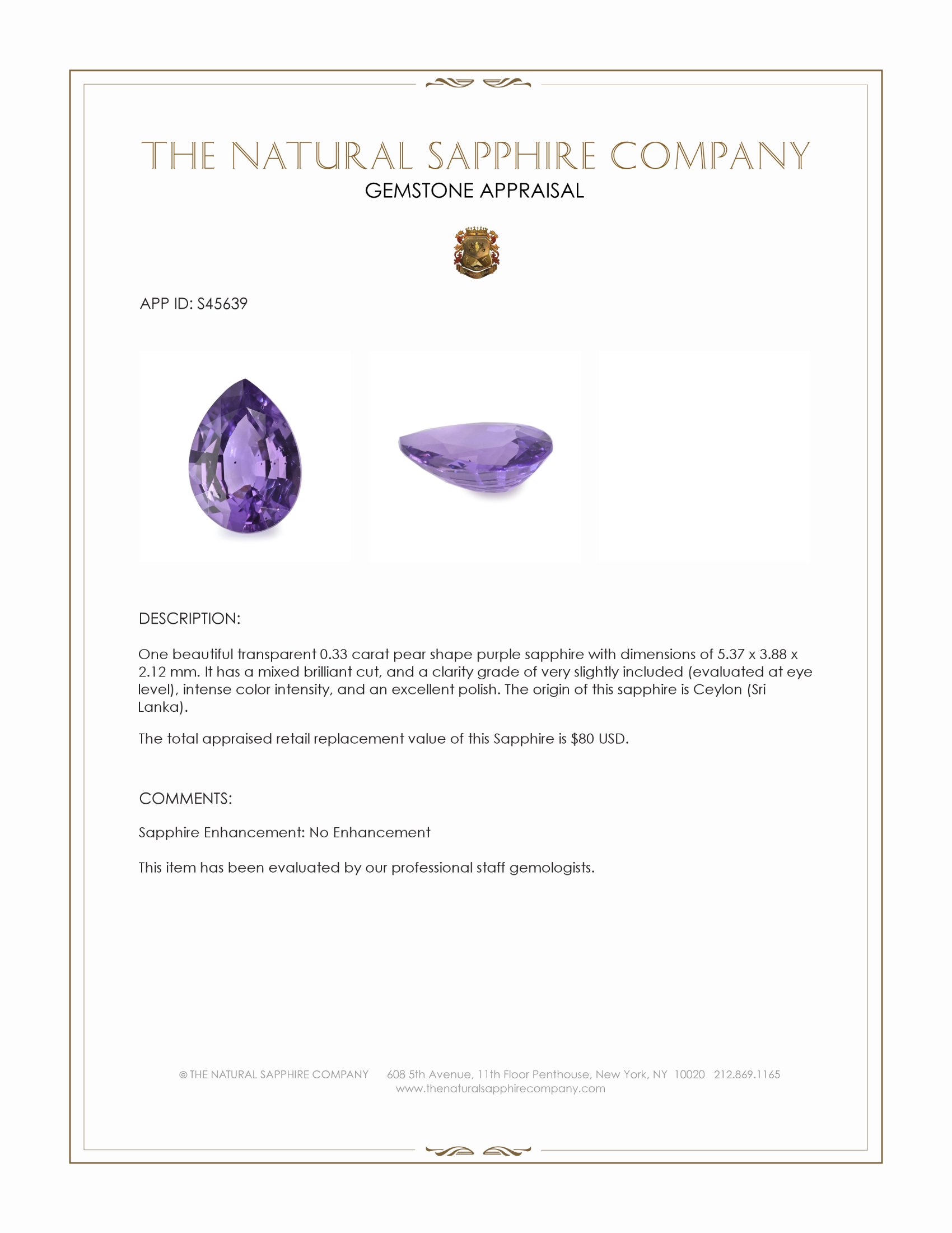 0.33 Ct. Purple Sapphire from Ceylon (Sri Lanka)