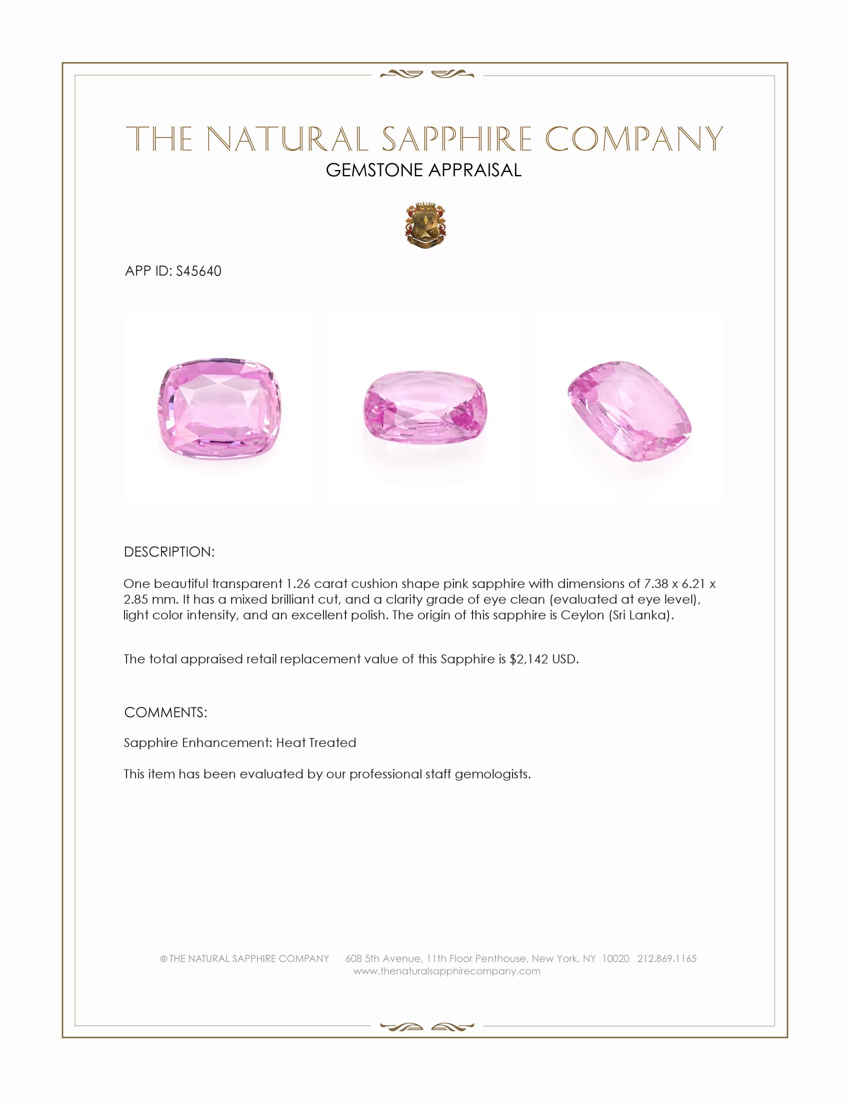 1.26 Ct. Pink Sapphire from Ceylon (Sri Lanka)