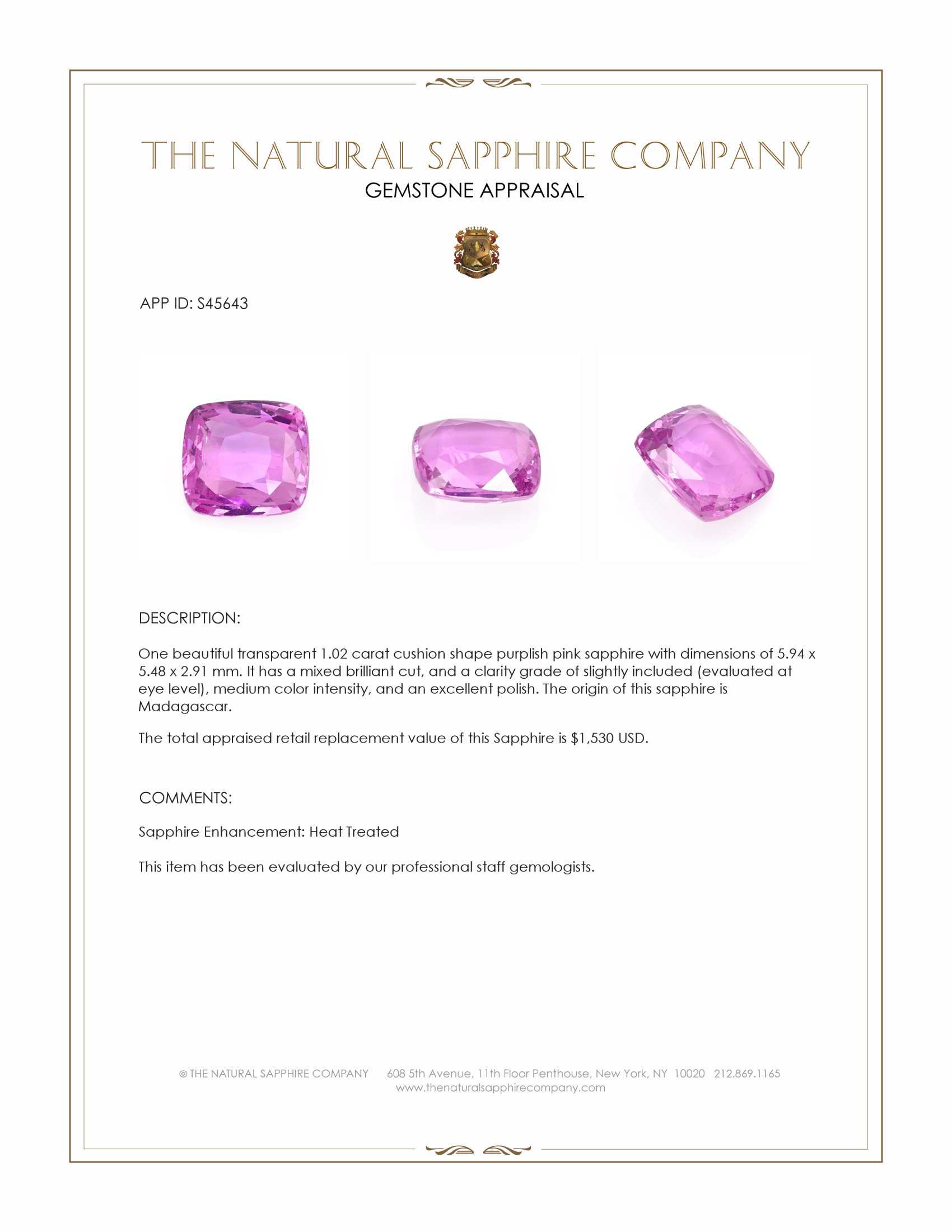 1.02 Ct. Purplish Pink Sapphire from Madagascar