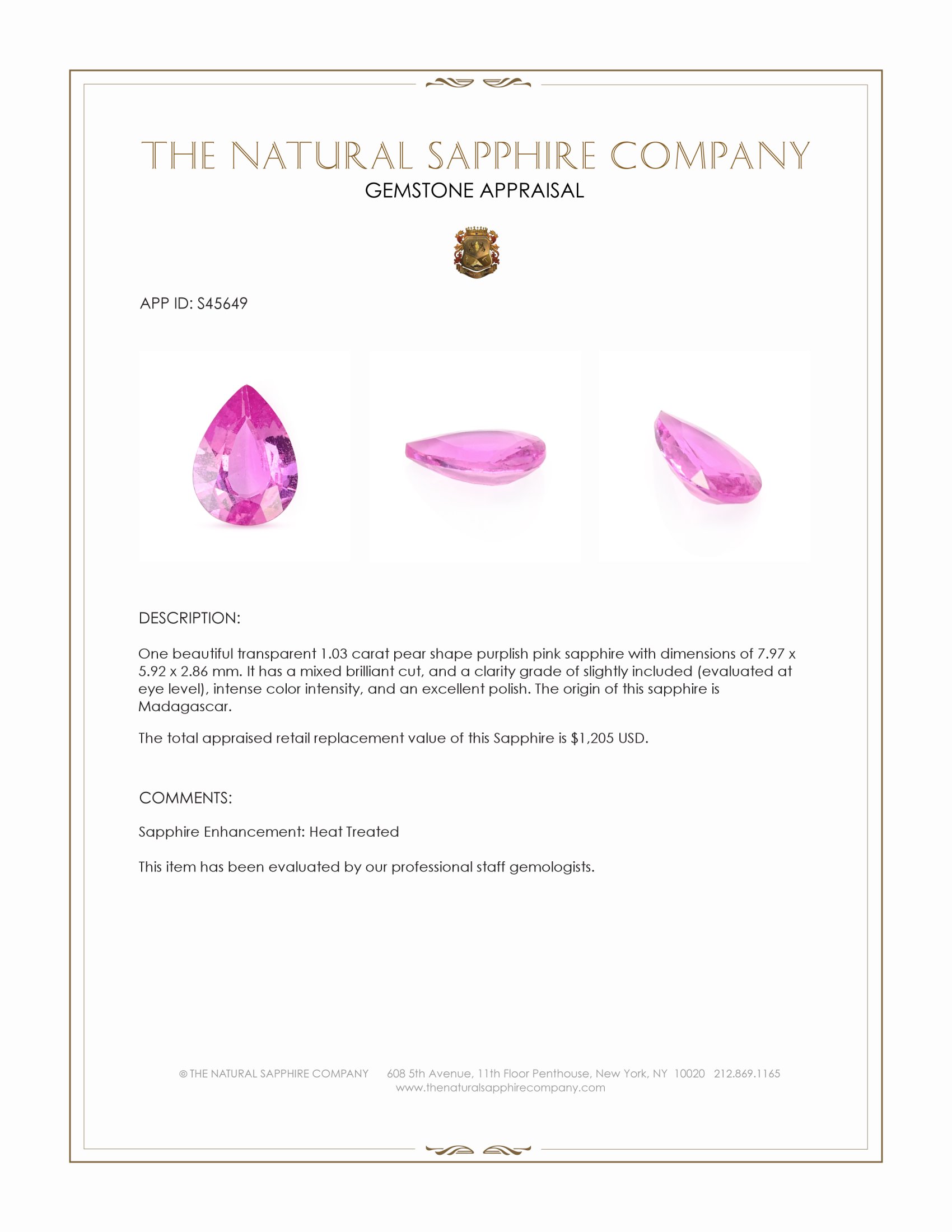 1.03 Ct. Purplish Pink Sapphire from Madagascar