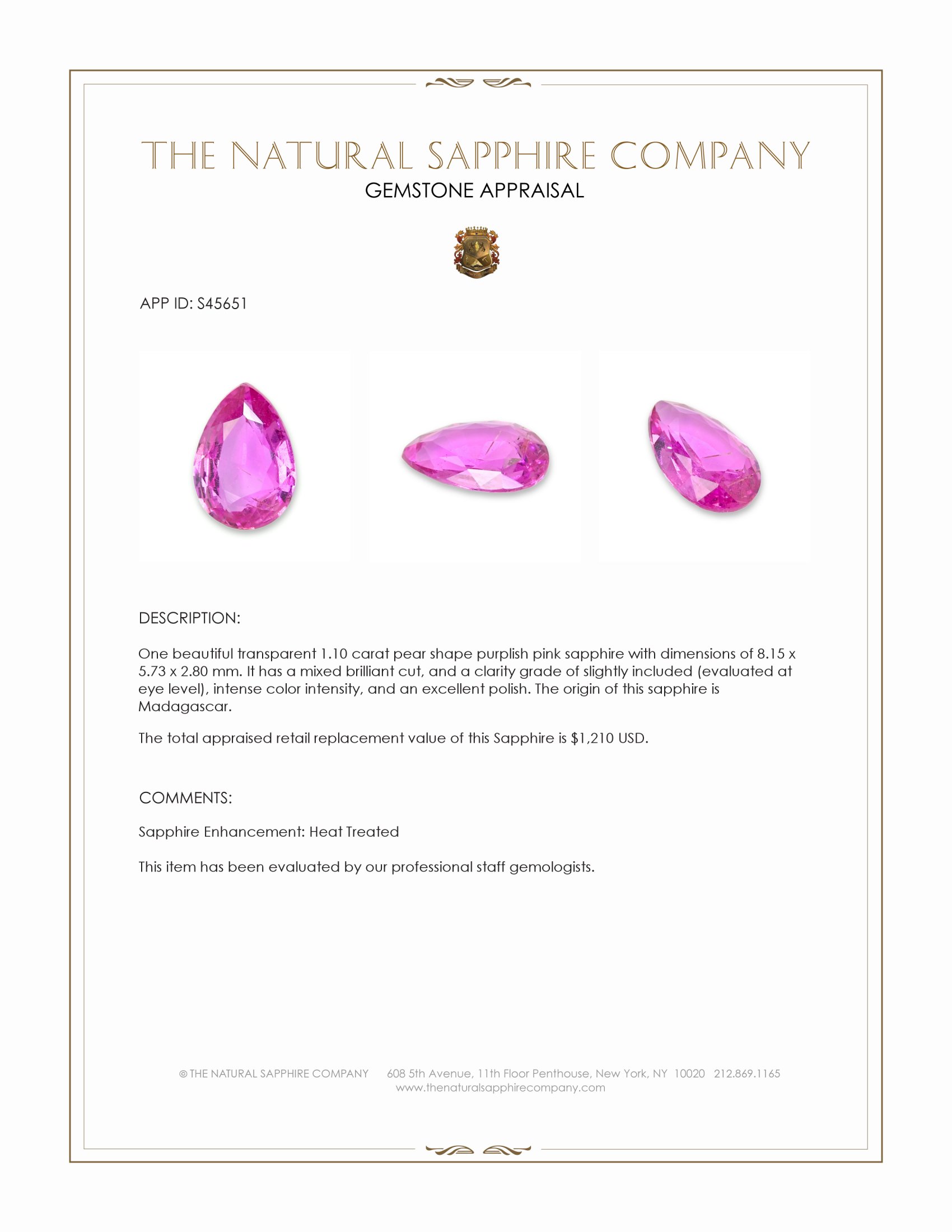 1.10 Ct. Purplish Pink Sapphire from Madagascar