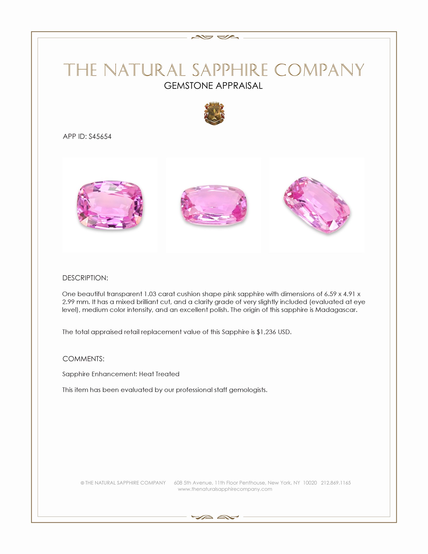 1.03 Ct. Pink Sapphire from Madagascar