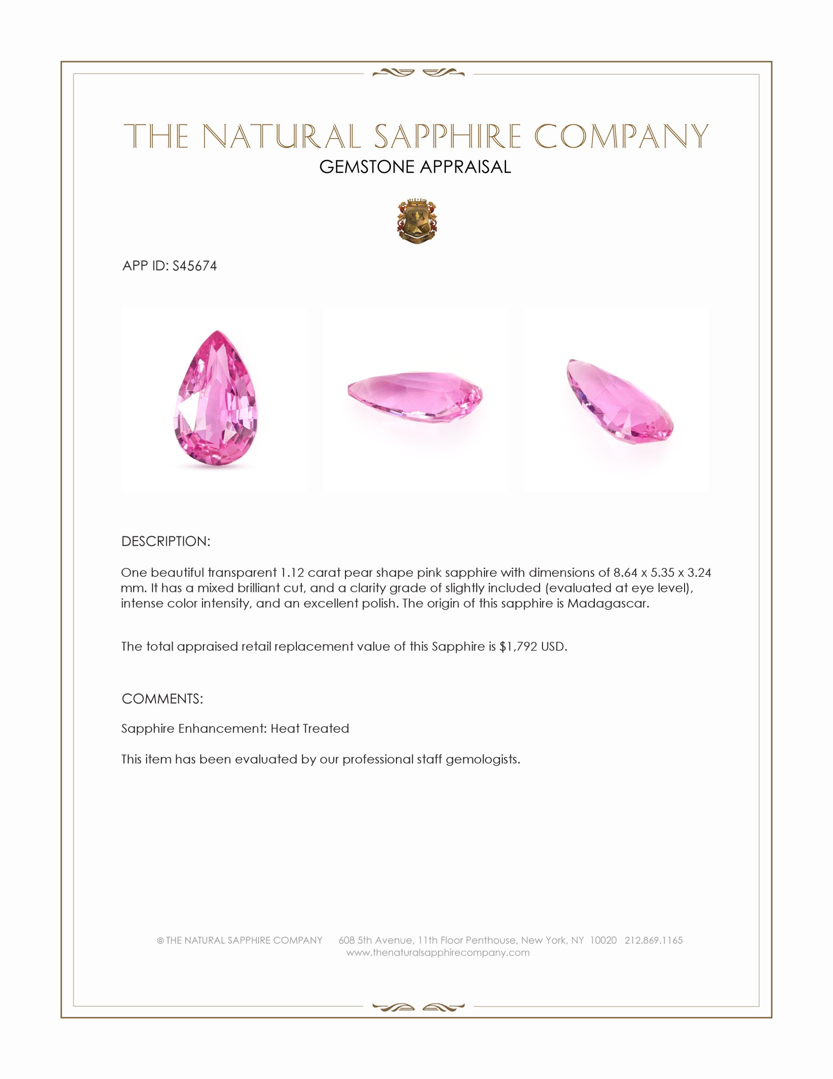 1.12 Ct. Pink Sapphire from Madagascar