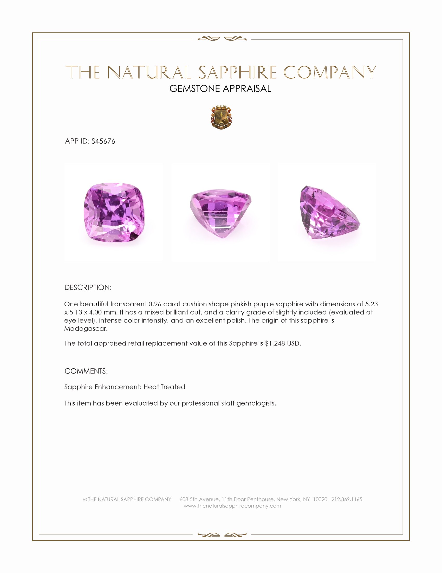 0.96 Ct. Pinkish Purple Sapphire from Madagascar