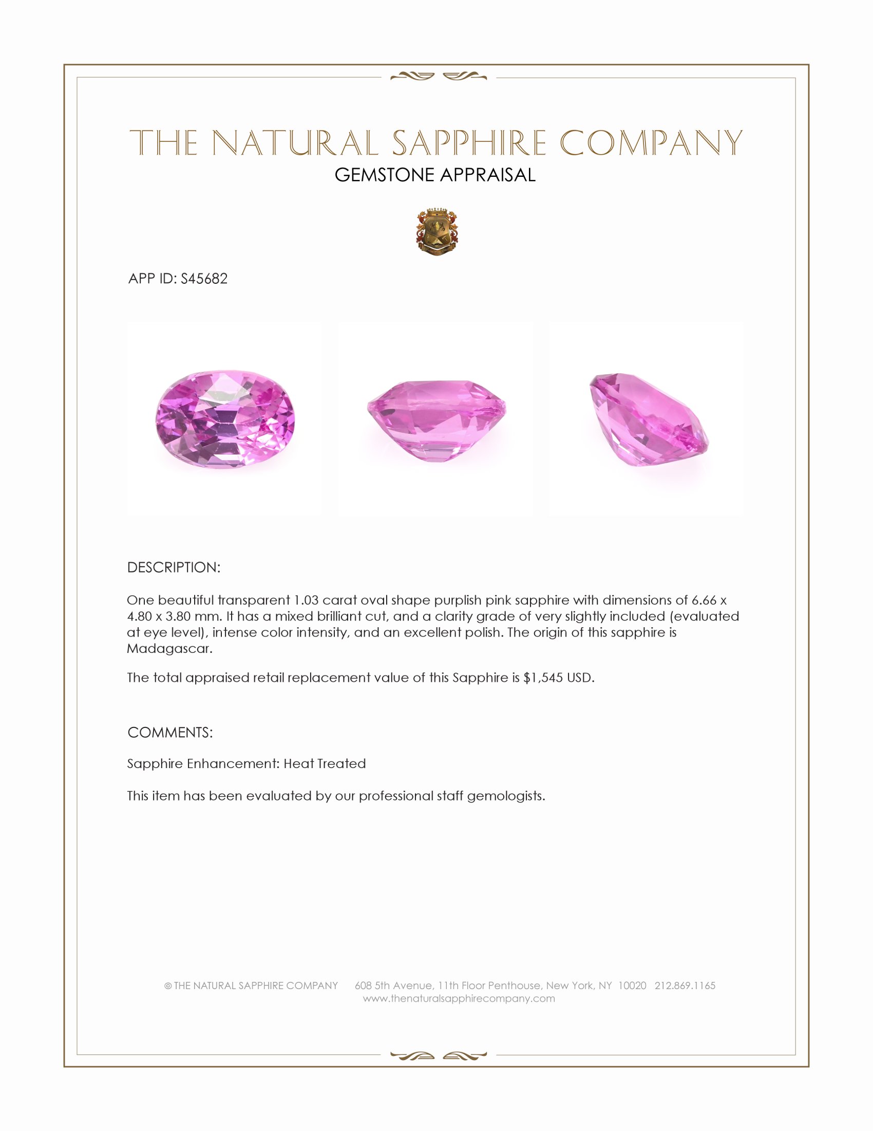 1.03 Ct. Purplish Pink Sapphire from Madagascar