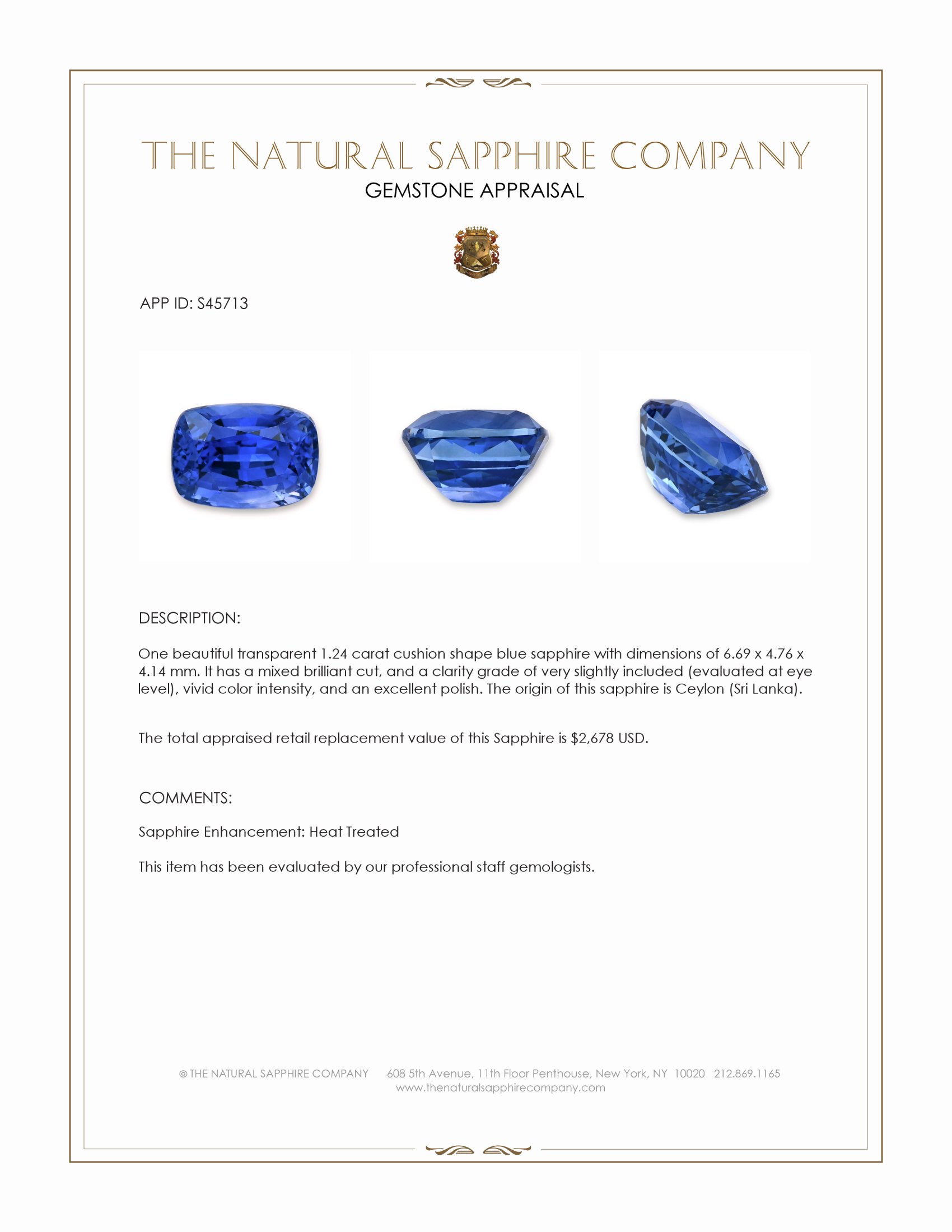 1.24 Ct. Blue Sapphire from Ceylon (Sri Lanka)