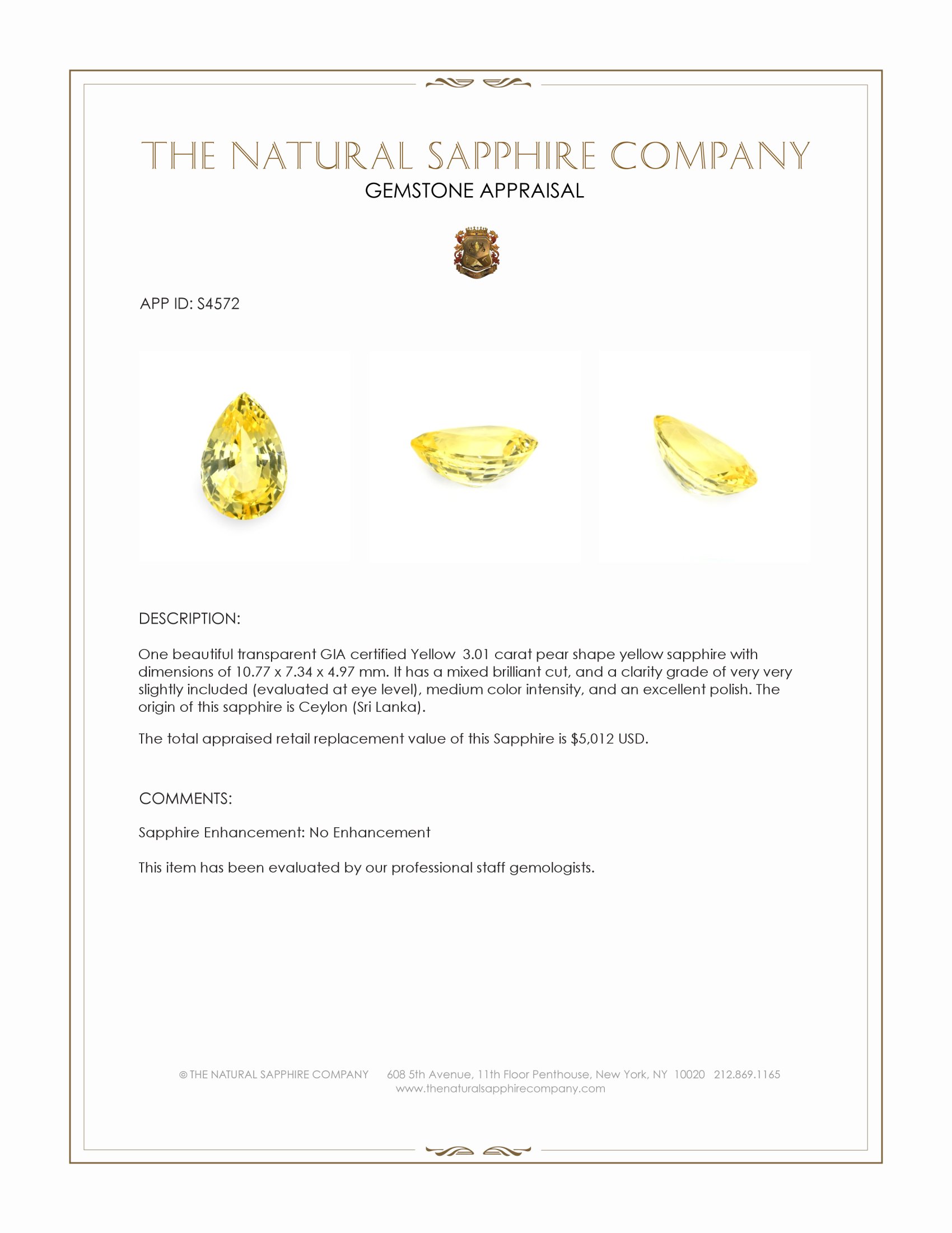 3.01 Ct. Yellow Sapphire from Ceylon (Sri Lanka)