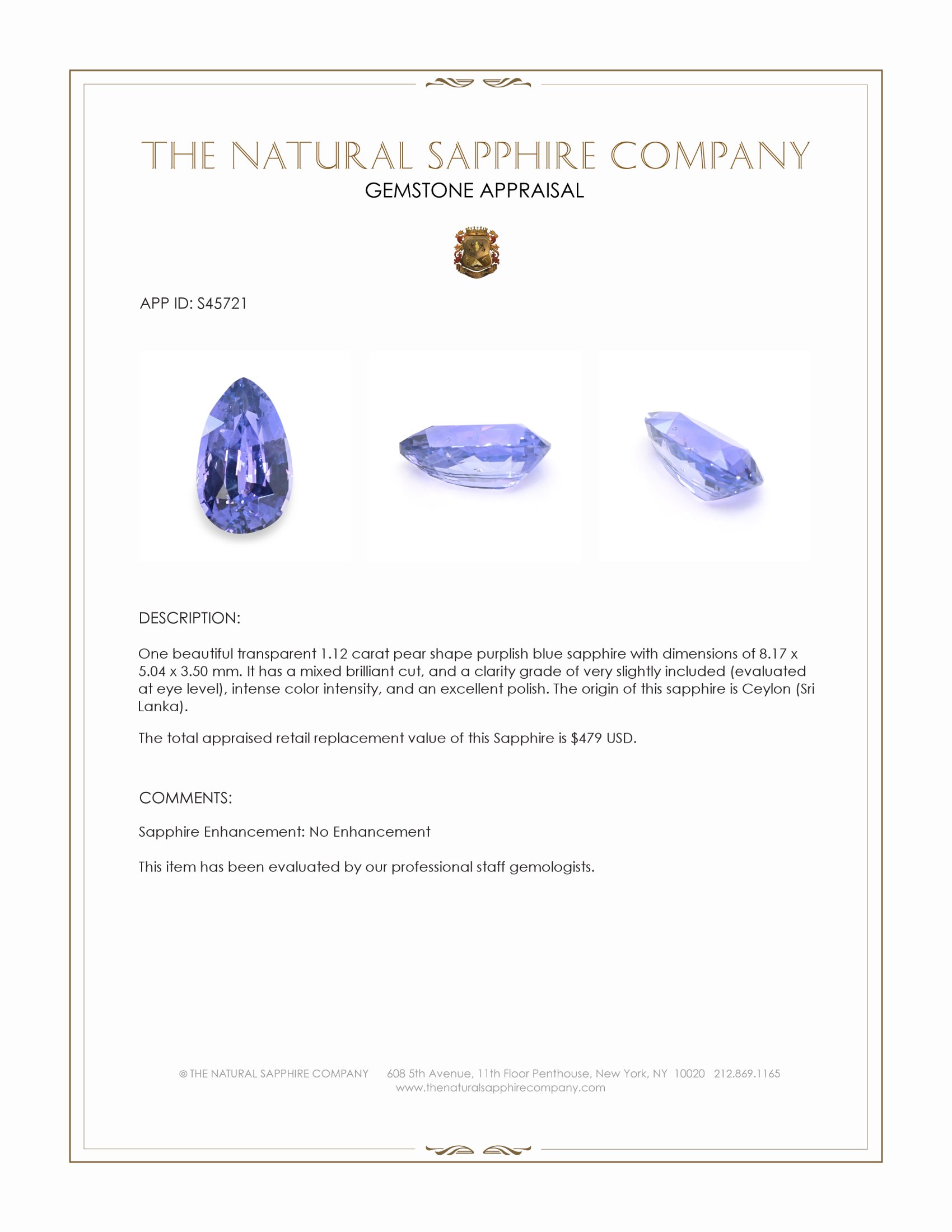 1.12 Ct. Purplish Blue Sapphire from Ceylon (Sri Lanka)