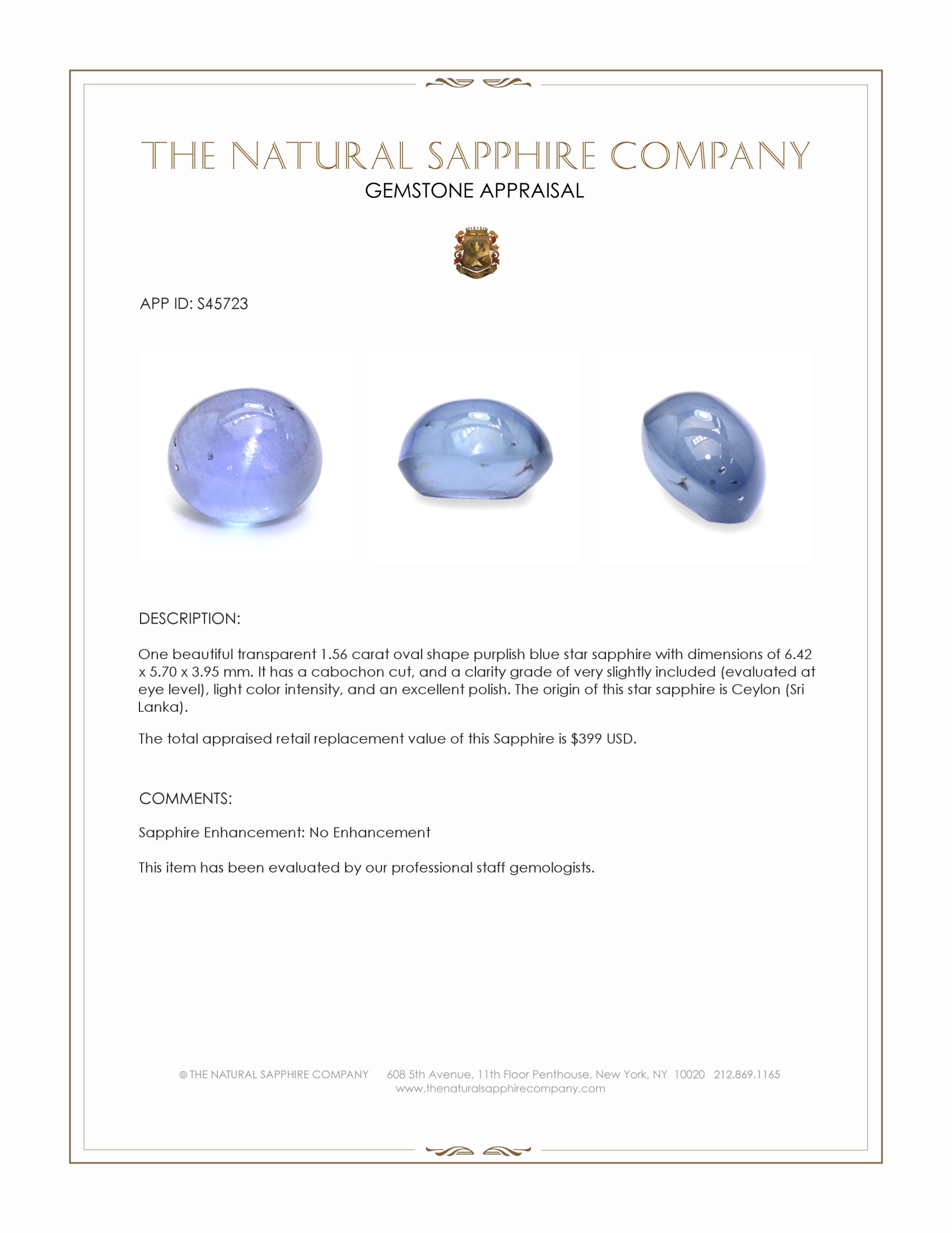1.56 Ct. Purplish Blue Star Sapphire from Ceylon (Sri Lanka)
