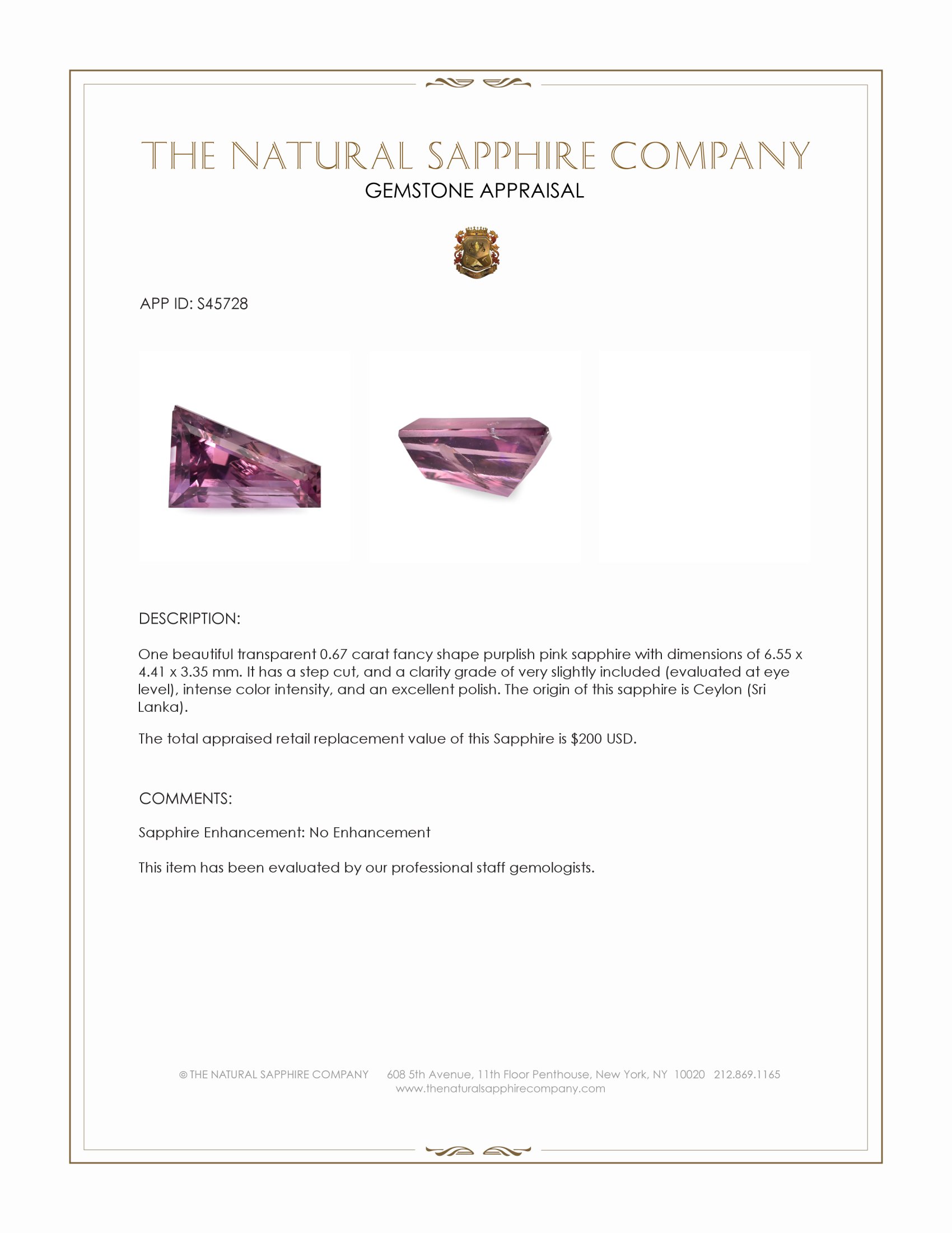 0.67 Ct. Purplish Pink Sapphire from Ceylon (Sri Lanka)