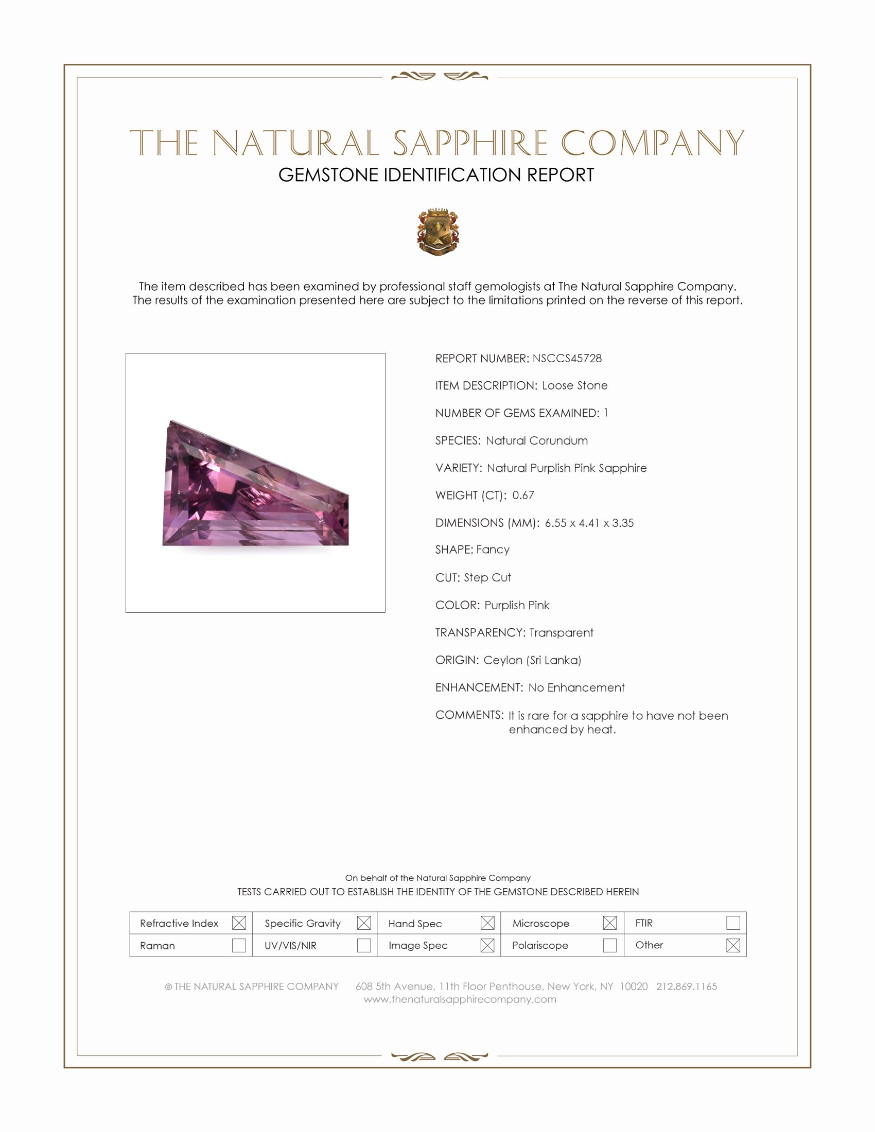 0.67 Ct. Purplish Pink Sapphire from Ceylon (Sri Lanka)