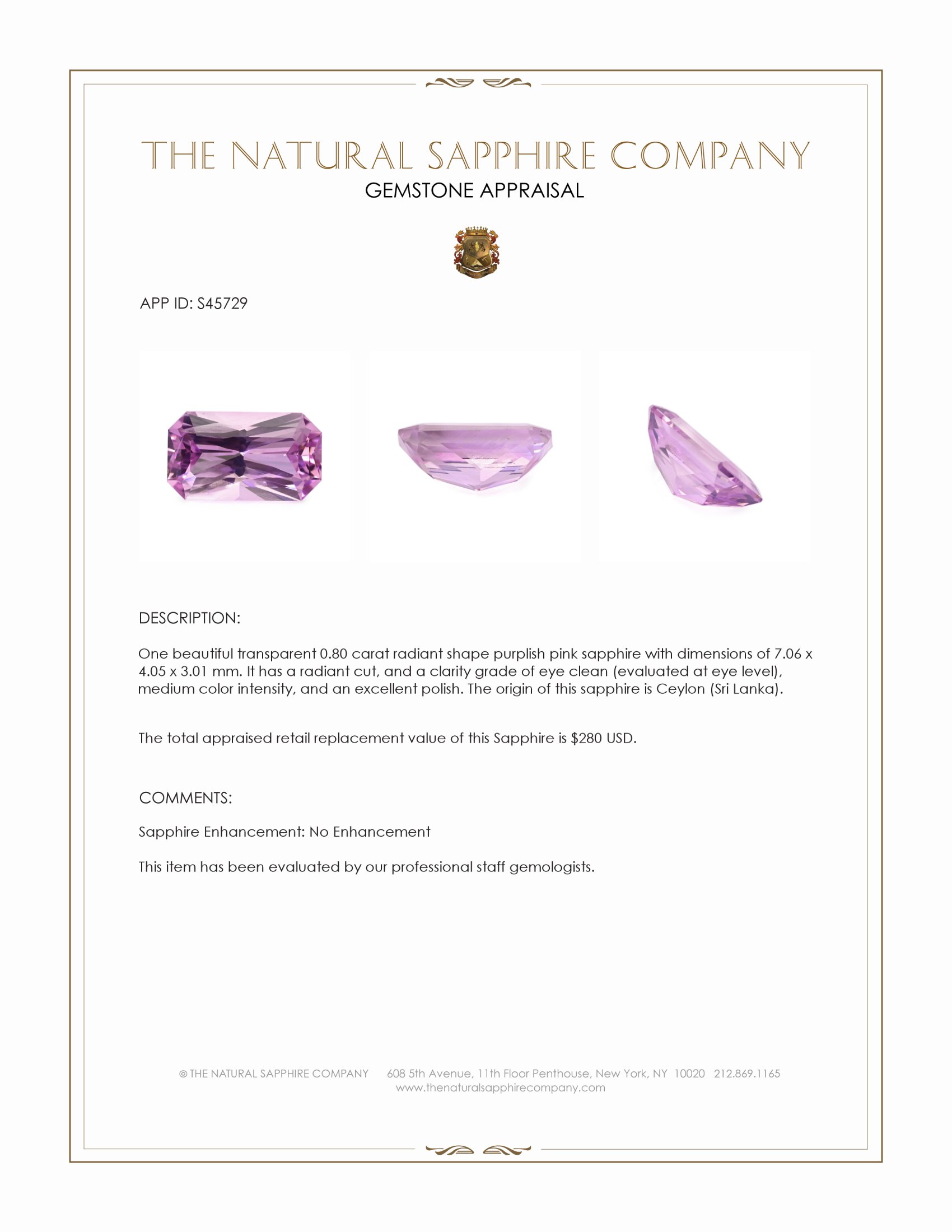 0.80 Ct. Purplish Pink Sapphire from Ceylon (Sri Lanka)