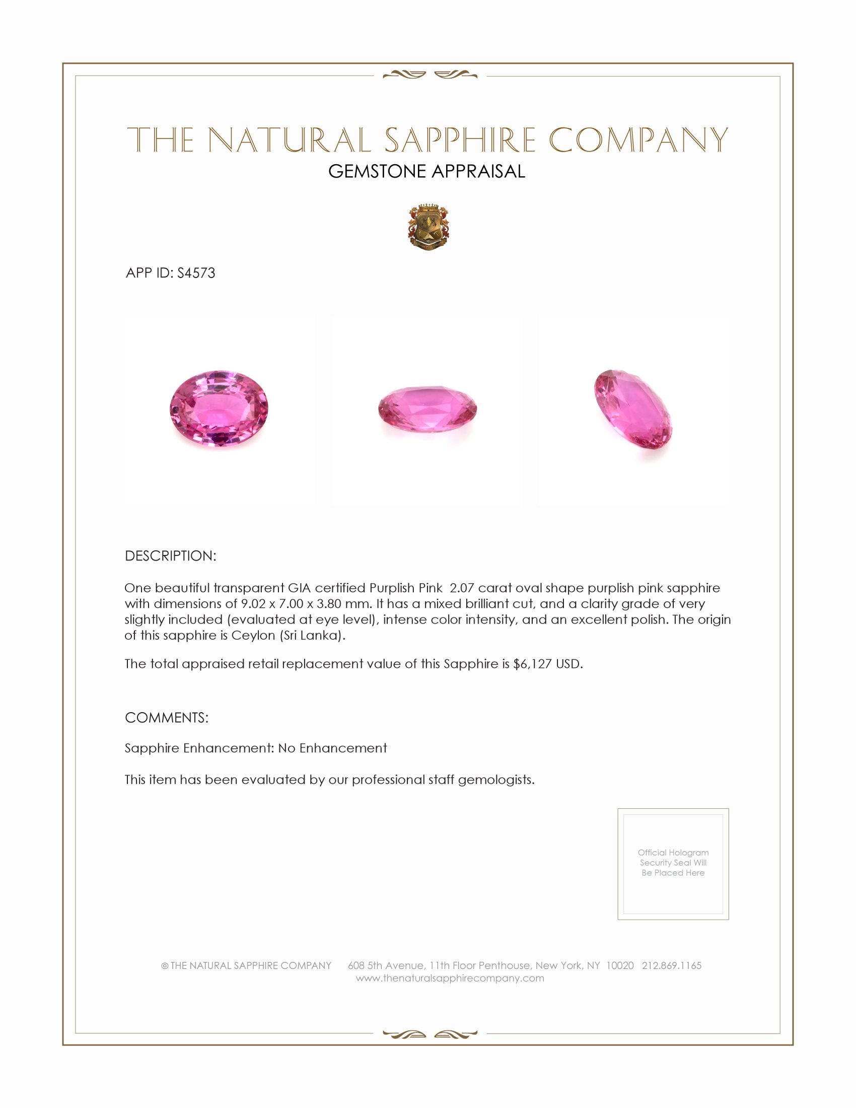 2.07 Ct. Purplish Pink Sapphire from Ceylon (Sri Lanka)