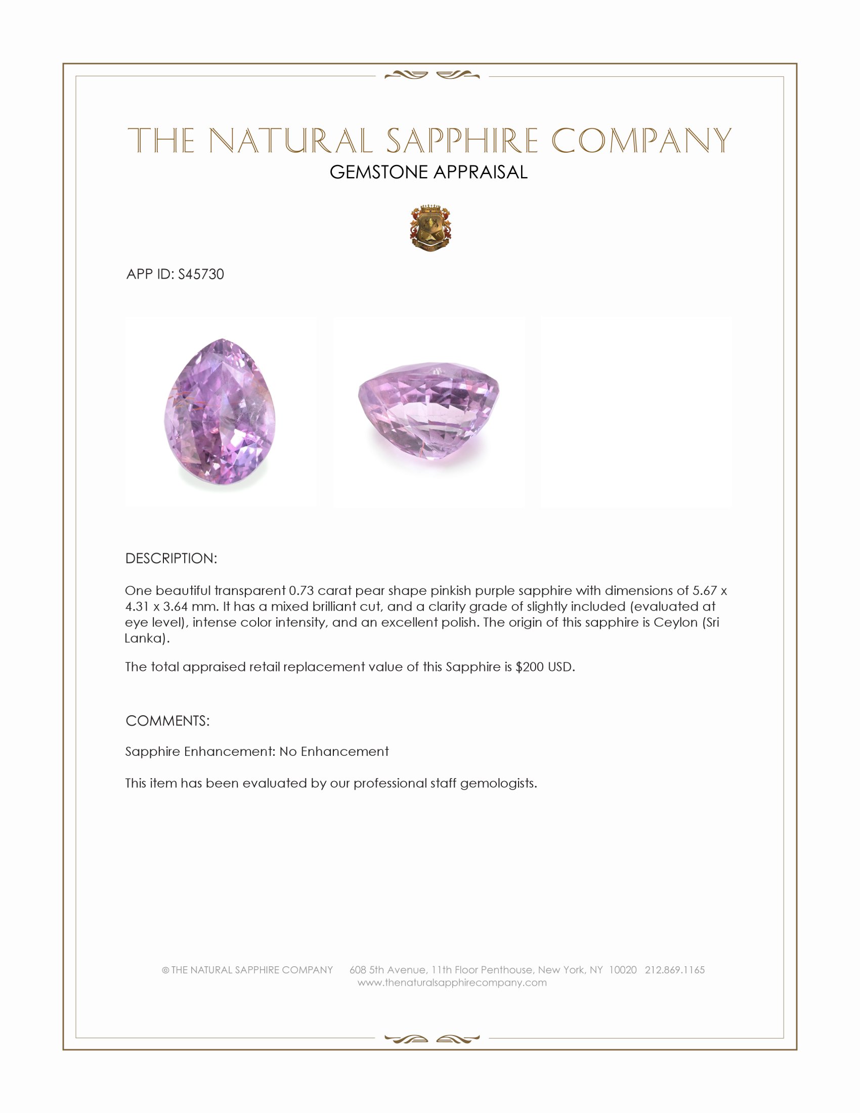 0.73 Ct. Pinkish Purple Sapphire from Ceylon (Sri Lanka)