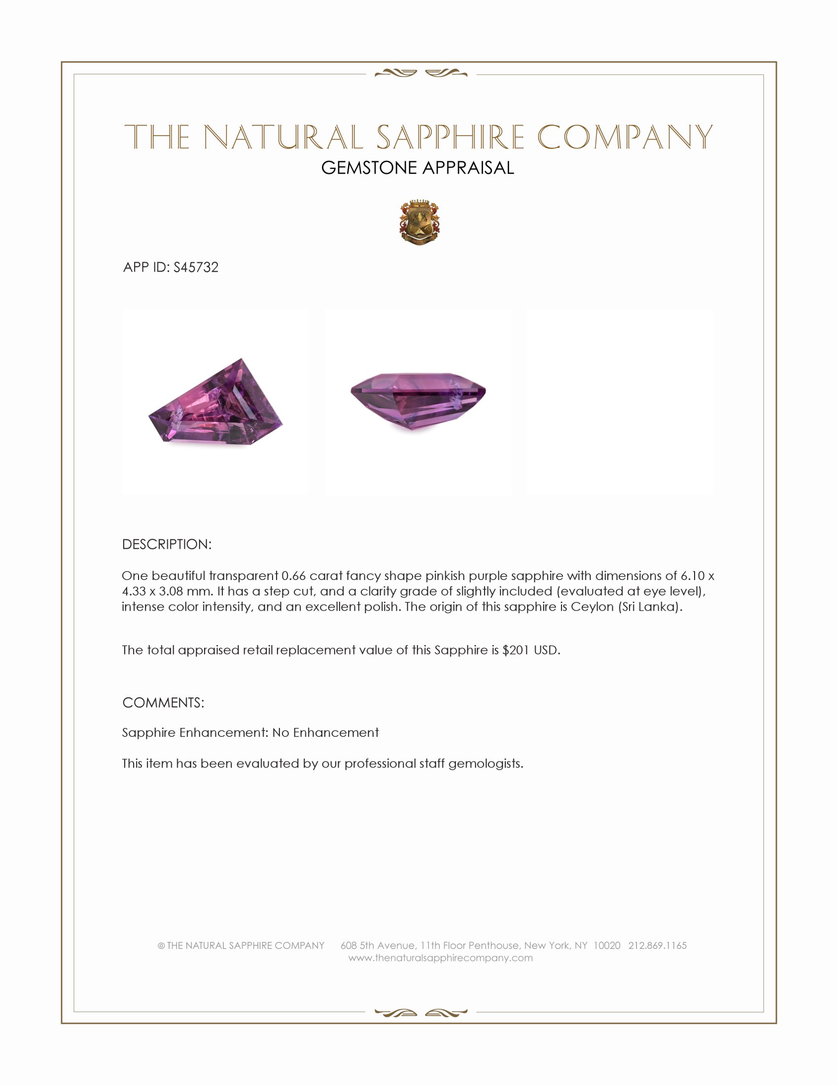0.66 Ct. Pinkish Purple Sapphire from Ceylon (Sri Lanka)