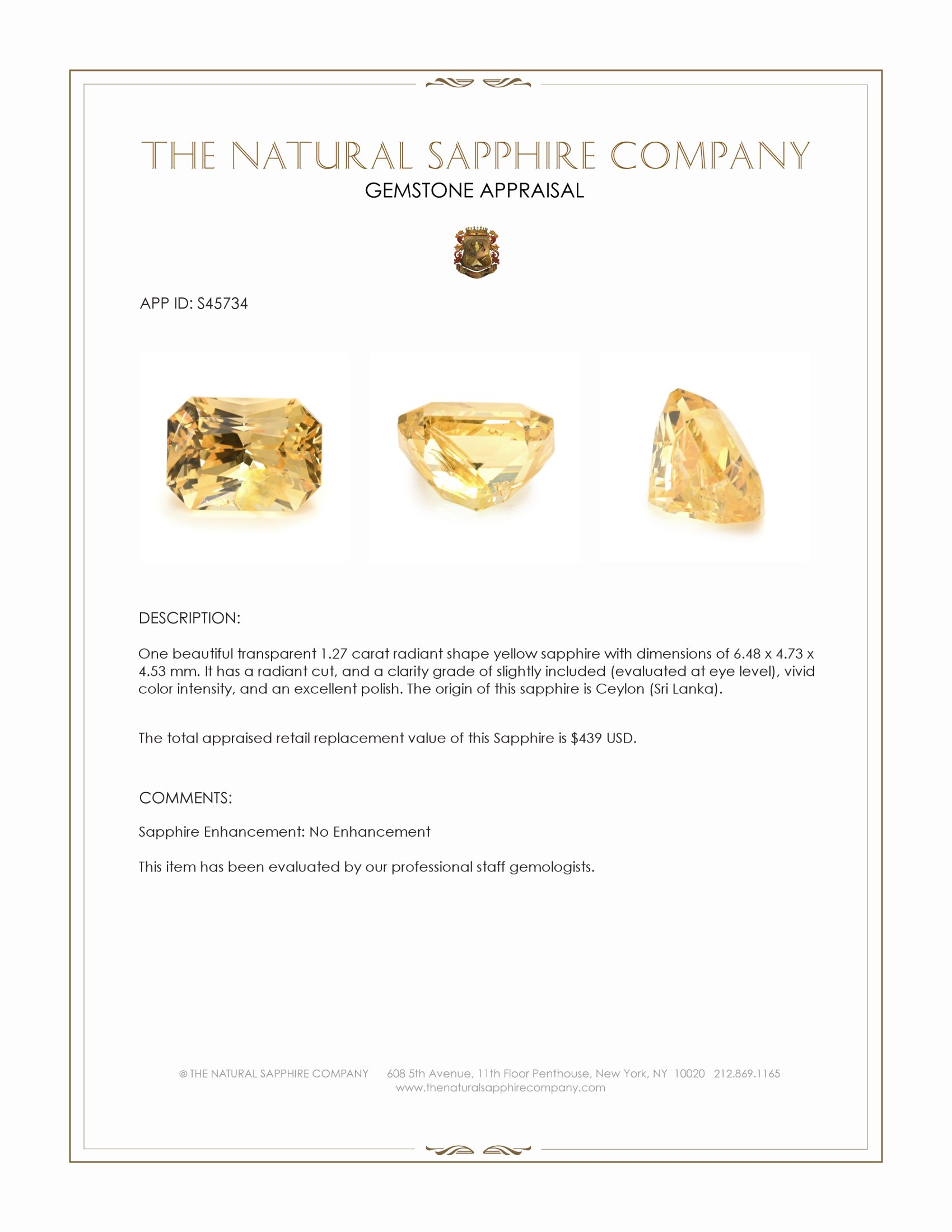 1.27 Ct. Yellow Sapphire from Ceylon (Sri Lanka)