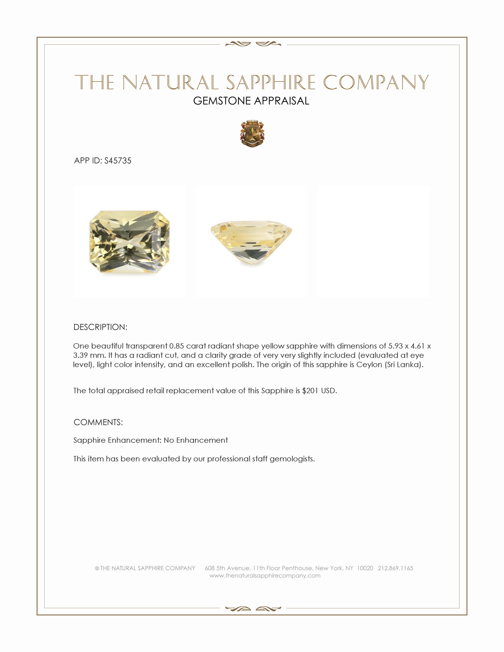 0.85 Ct. Yellow Sapphire from Ceylon (Sri Lanka)