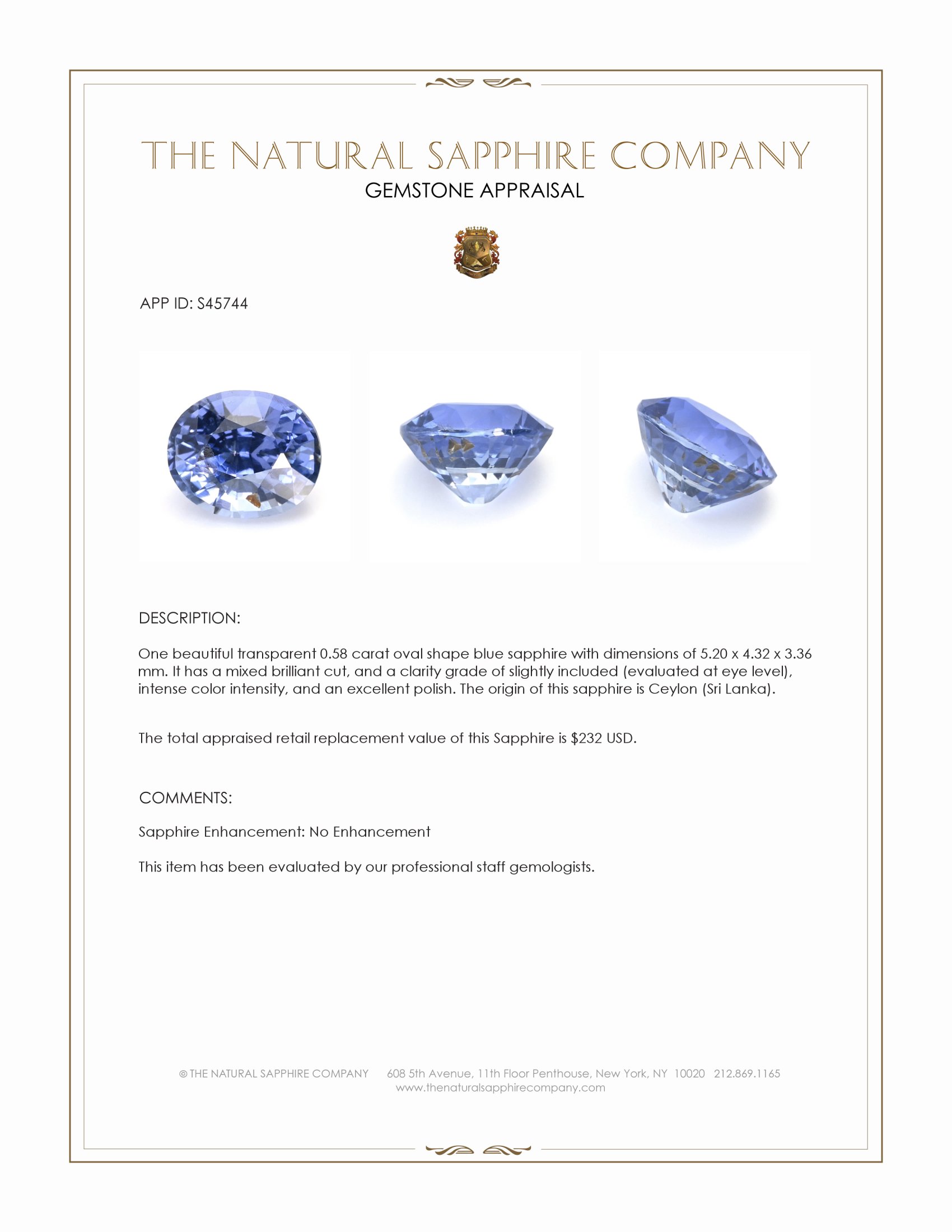 0.58 Ct. Blue Sapphire from Ceylon (Sri Lanka)