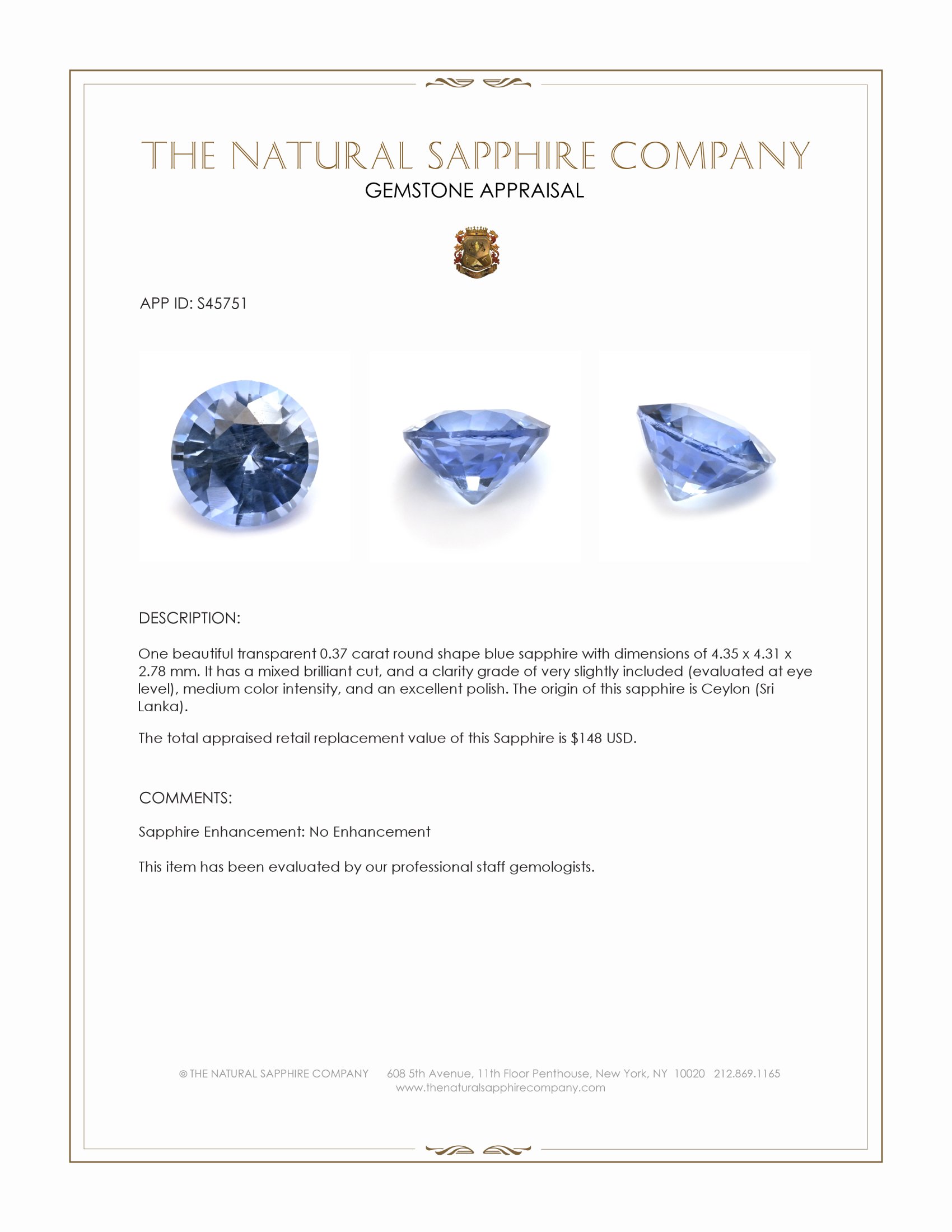 0.37 Ct. Blue Sapphire from Ceylon (Sri Lanka)