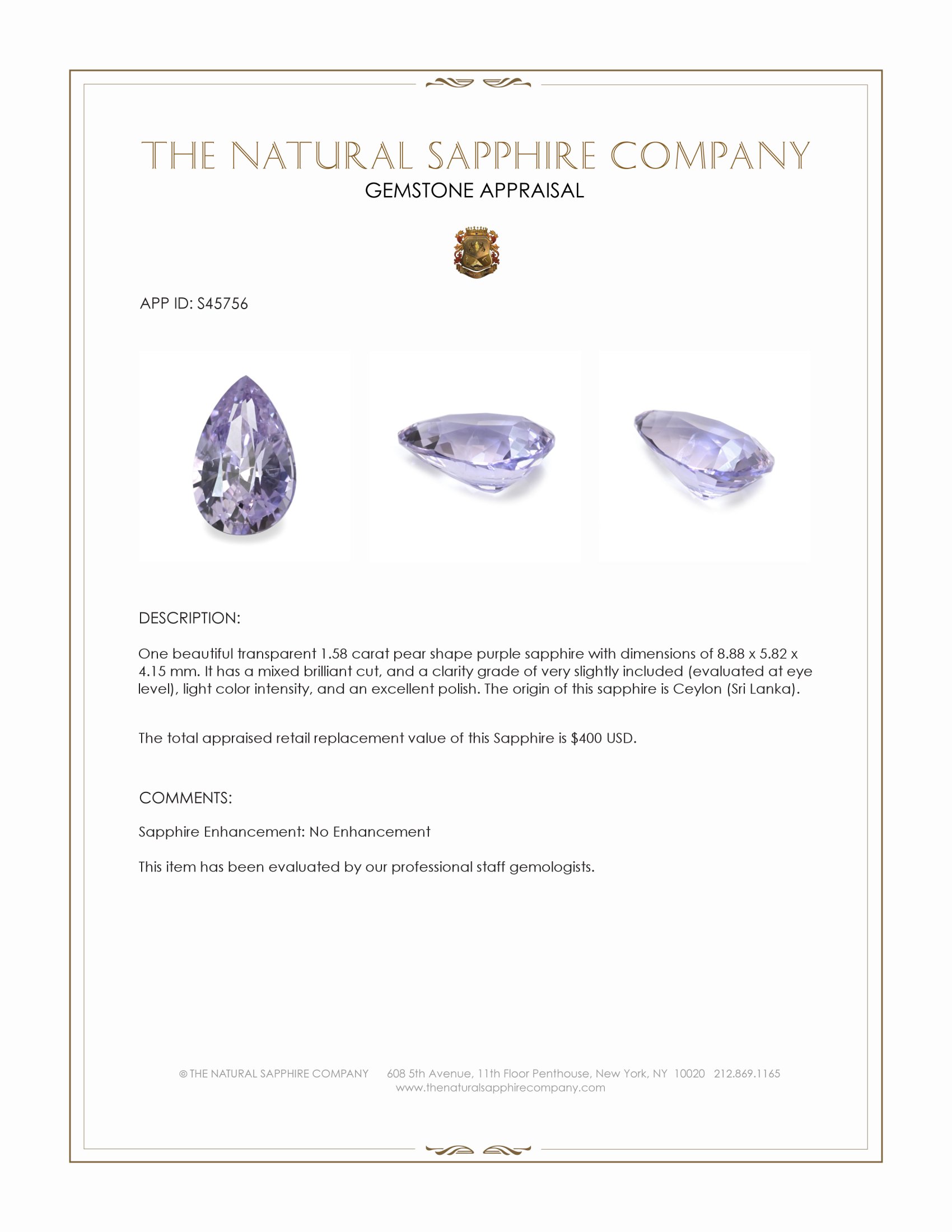 1.58 Ct. Purple Sapphire from Ceylon (Sri Lanka)