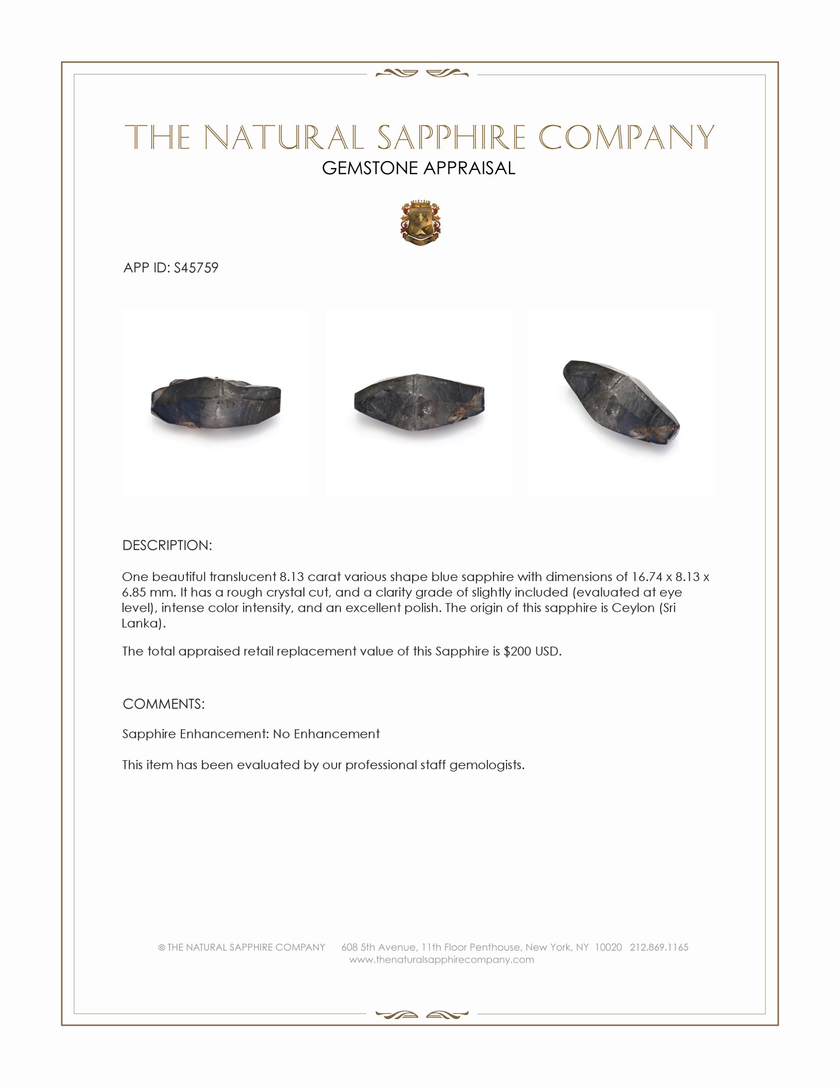 8.13 Ct. Blue Sapphire from Ceylon (Sri Lanka)