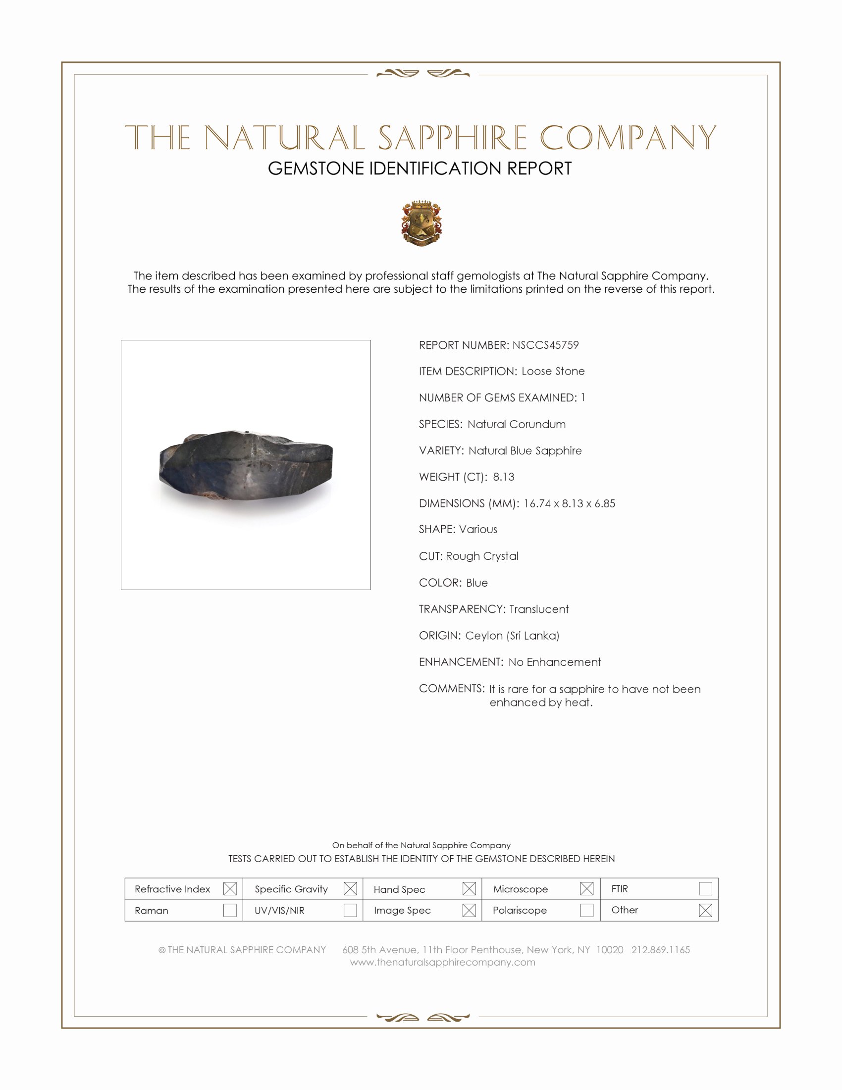 8.13 Ct. Blue Sapphire from Ceylon (Sri Lanka)