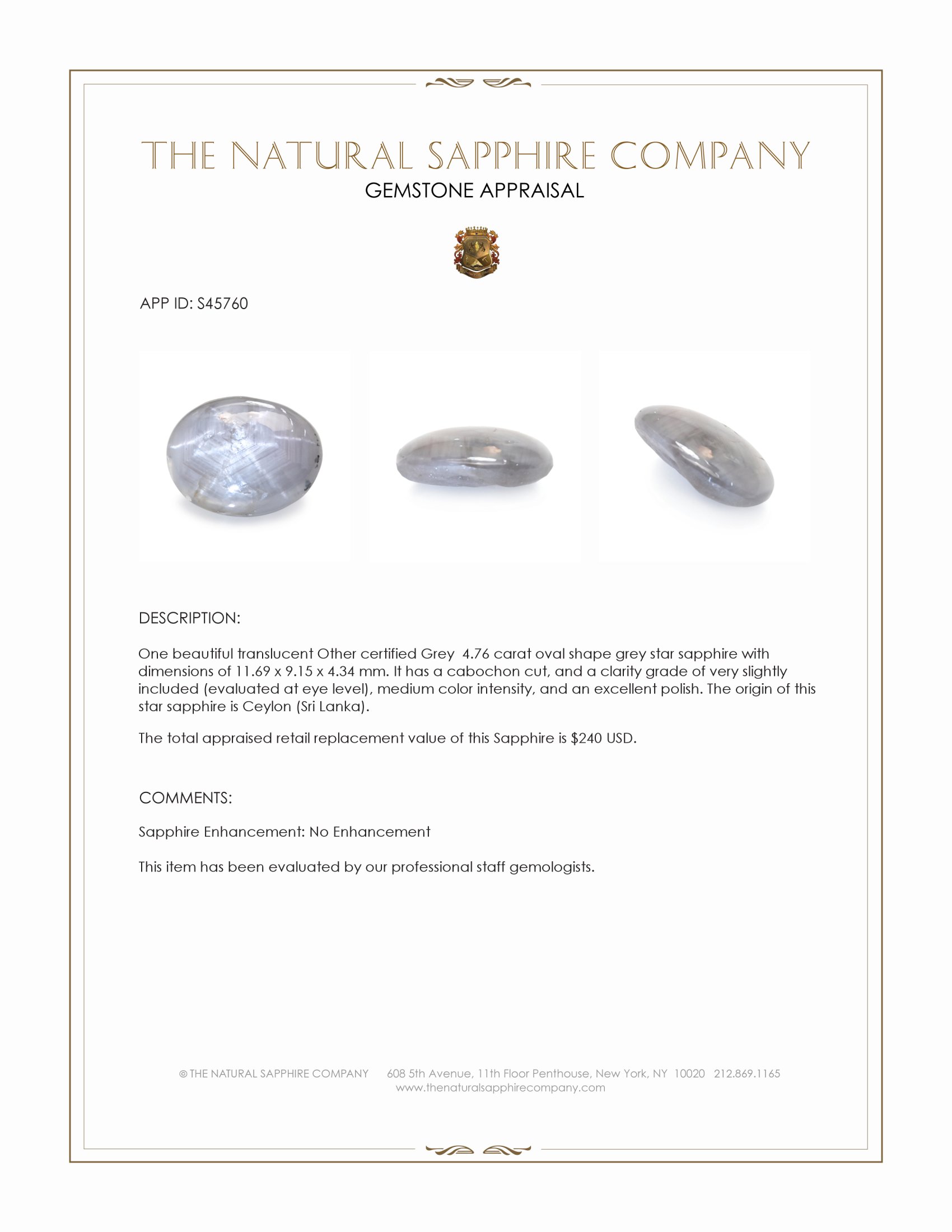 4.76 Ct. Grey Cabochon Star Sapphire from Ceylon (Sri Lanka)