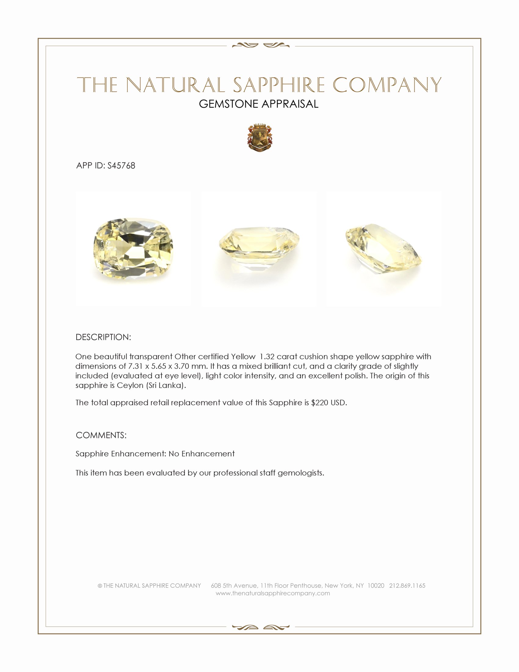 1.32 Ct. Yellow Sapphire from Ceylon (Sri Lanka)