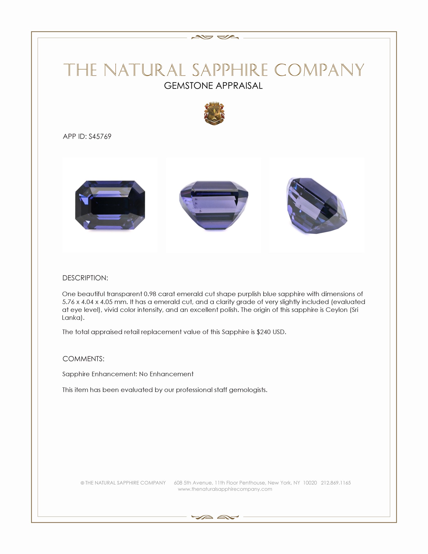 0.98 Ct. Purplish Blue Sapphire from Ceylon (Sri Lanka)