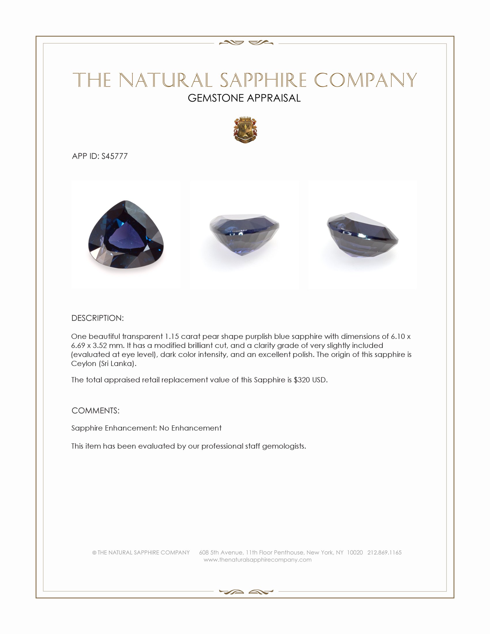 1.15 Ct. Purplish Blue Sapphire from Ceylon (Sri Lanka)