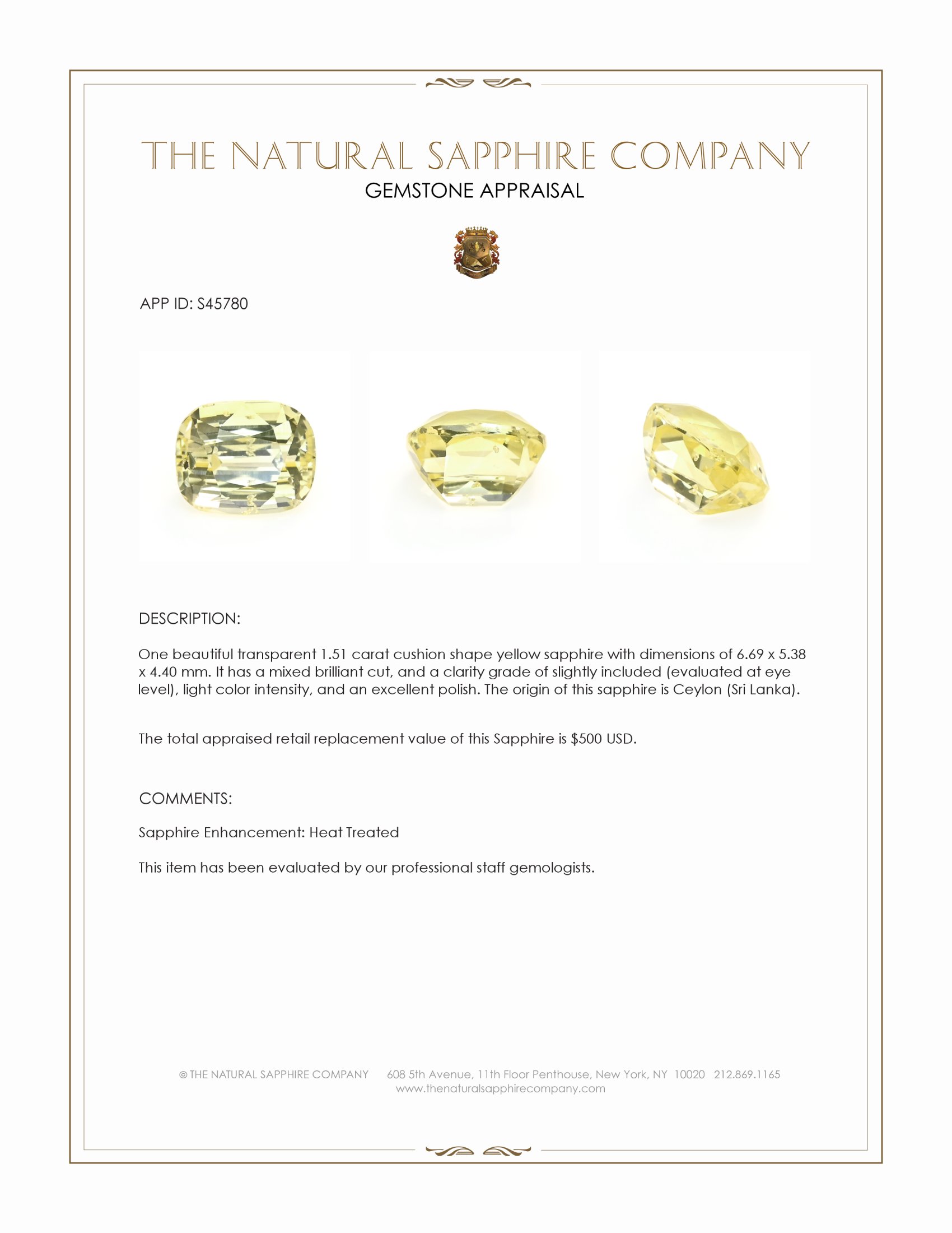 1.51 Ct. Yellow Sapphire from Ceylon (Sri Lanka)