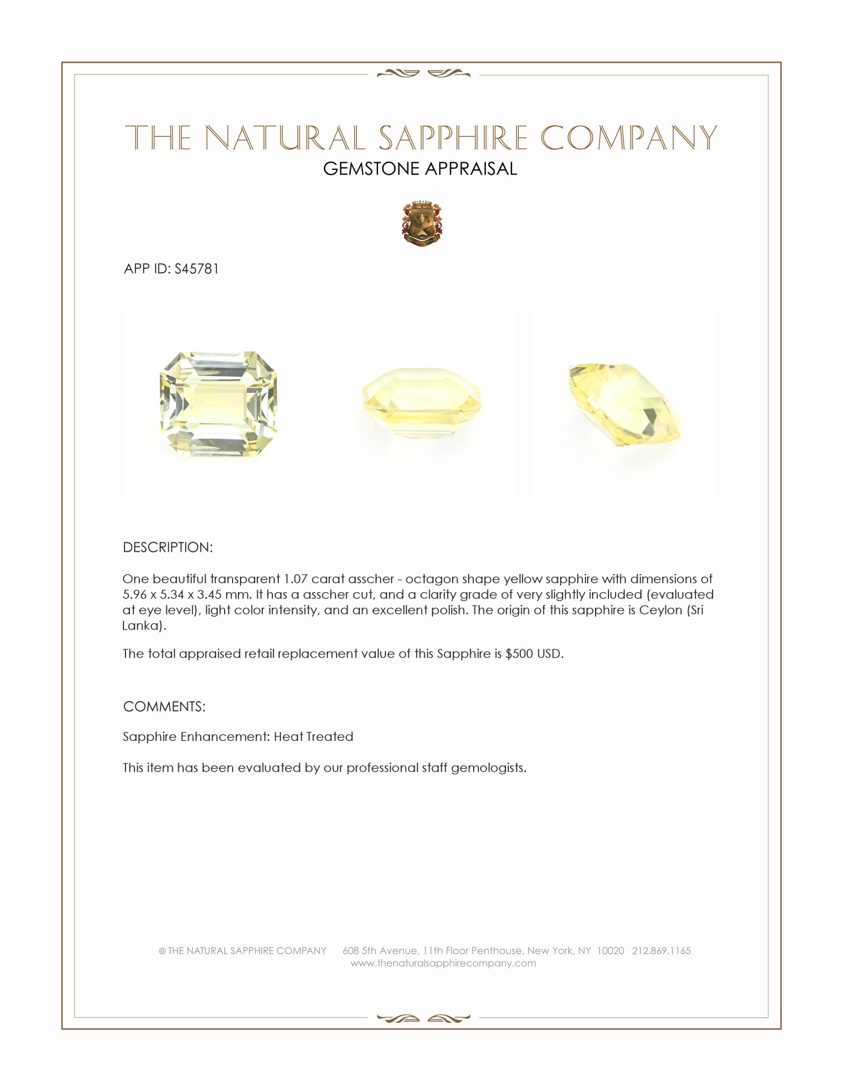 1.07 Ct. Yellow Sapphire from Ceylon (Sri Lanka)