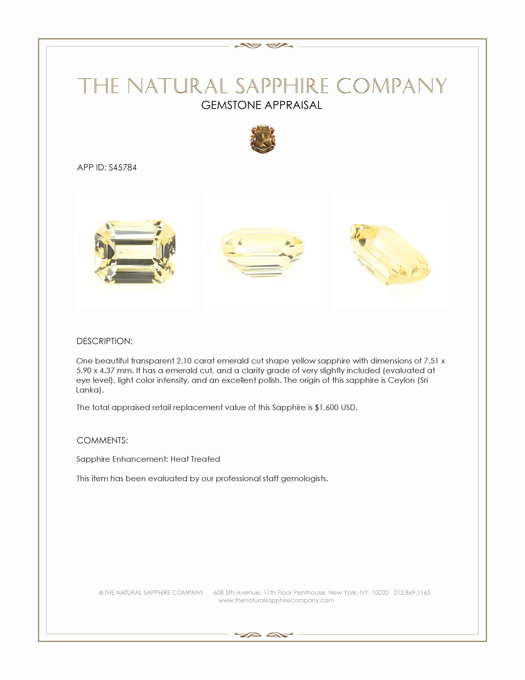 2.10 Ct. Yellow Sapphire from Ceylon (Sri Lanka)