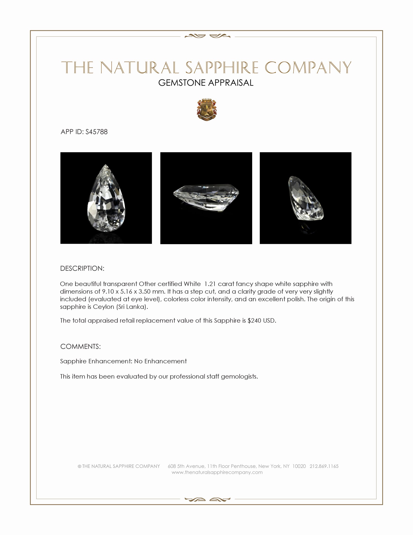 1.21 Ct. White Sapphire from Ceylon (Sri Lanka)